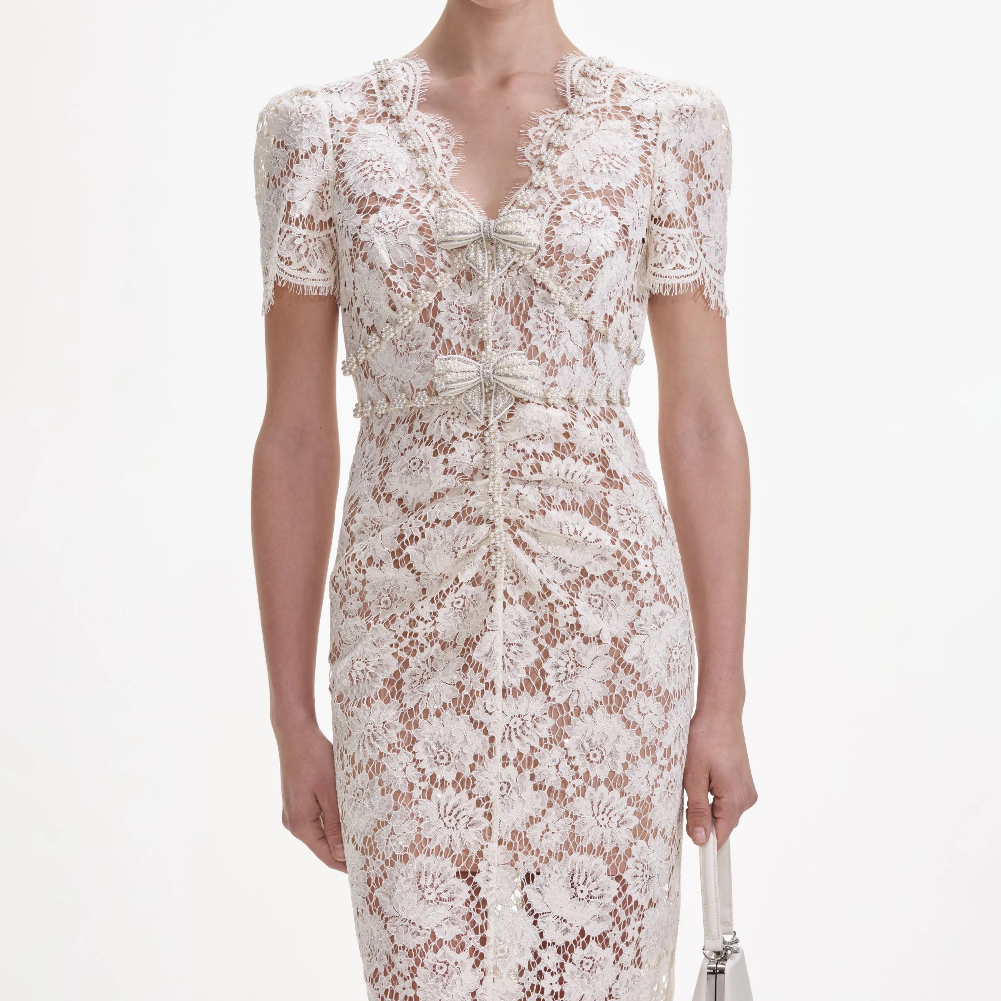 Cream Fine Lace Pearl Midi Dress sold by Self-Portrait product image thumbnail 4