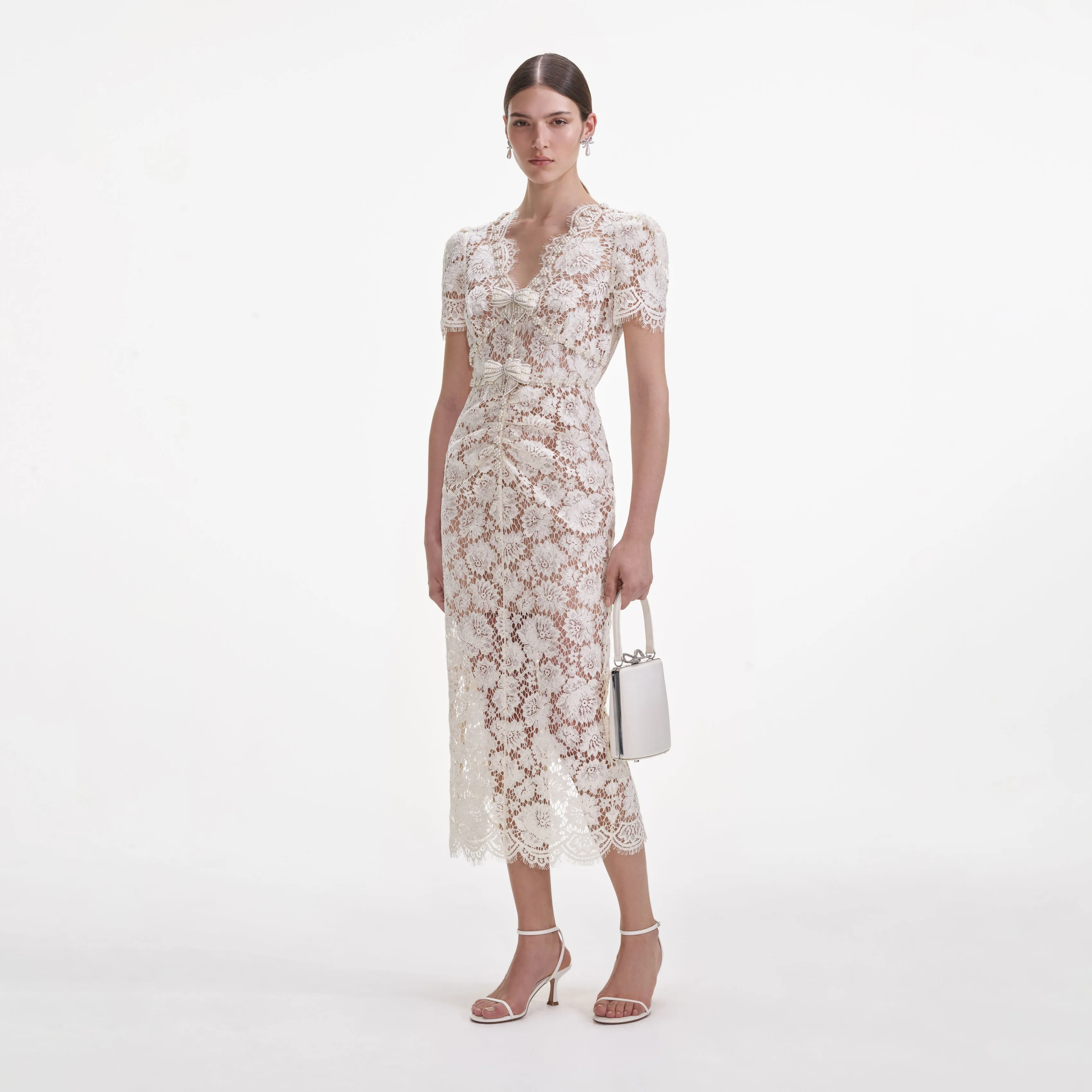 Cream Fine Lace Pearl Midi Dress sold by Self-Portrait product image thumbnail 2