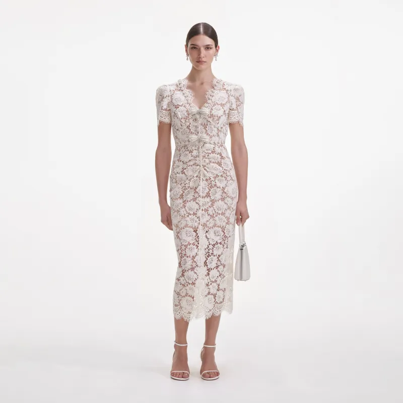 Cream Fine Lace Pearl Midi Dress made by Self-Portrait