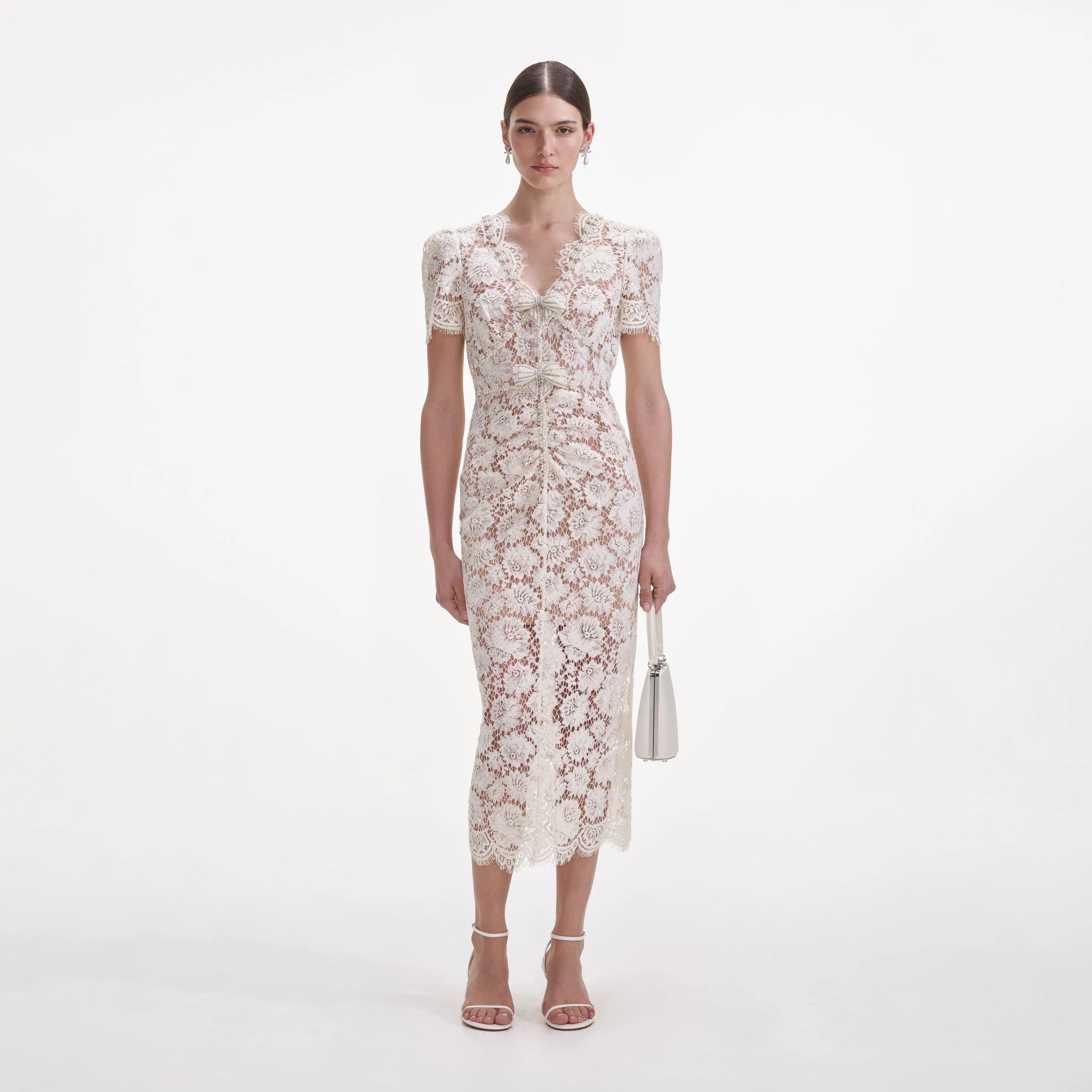 Cream Fine Lace Pearl Midi Dress sold by Self-Portrait