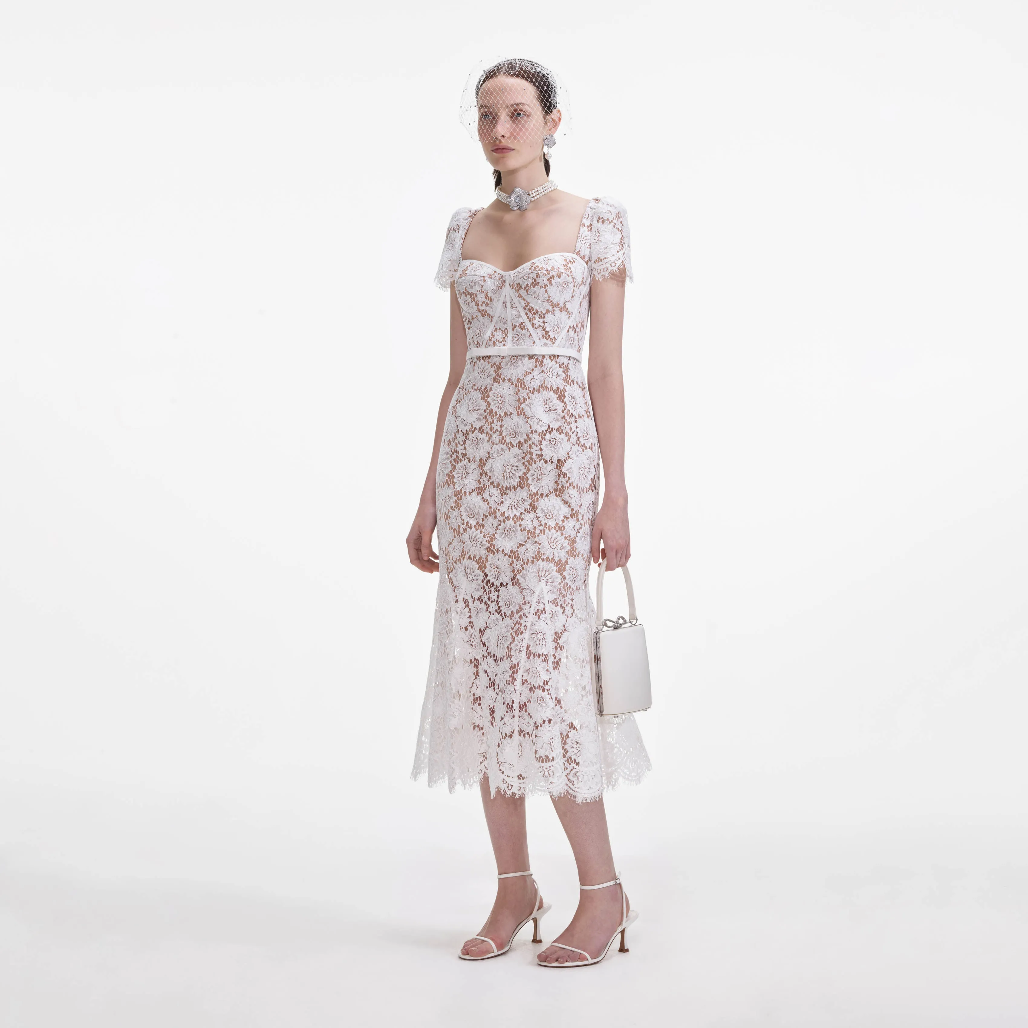 White Fine Lace Midi Dress sold by Self-Portrait product image thumbnail 2