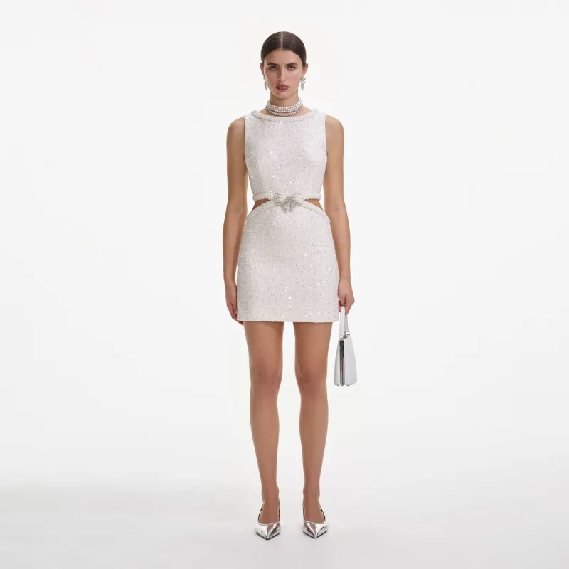 Cream Boucle Pearl Mini Dress made by Self-Portrait