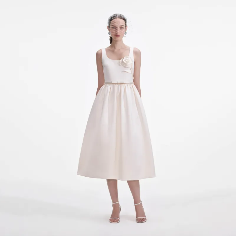 Cream Satin Flower Midi Dress made by Self-Portrait