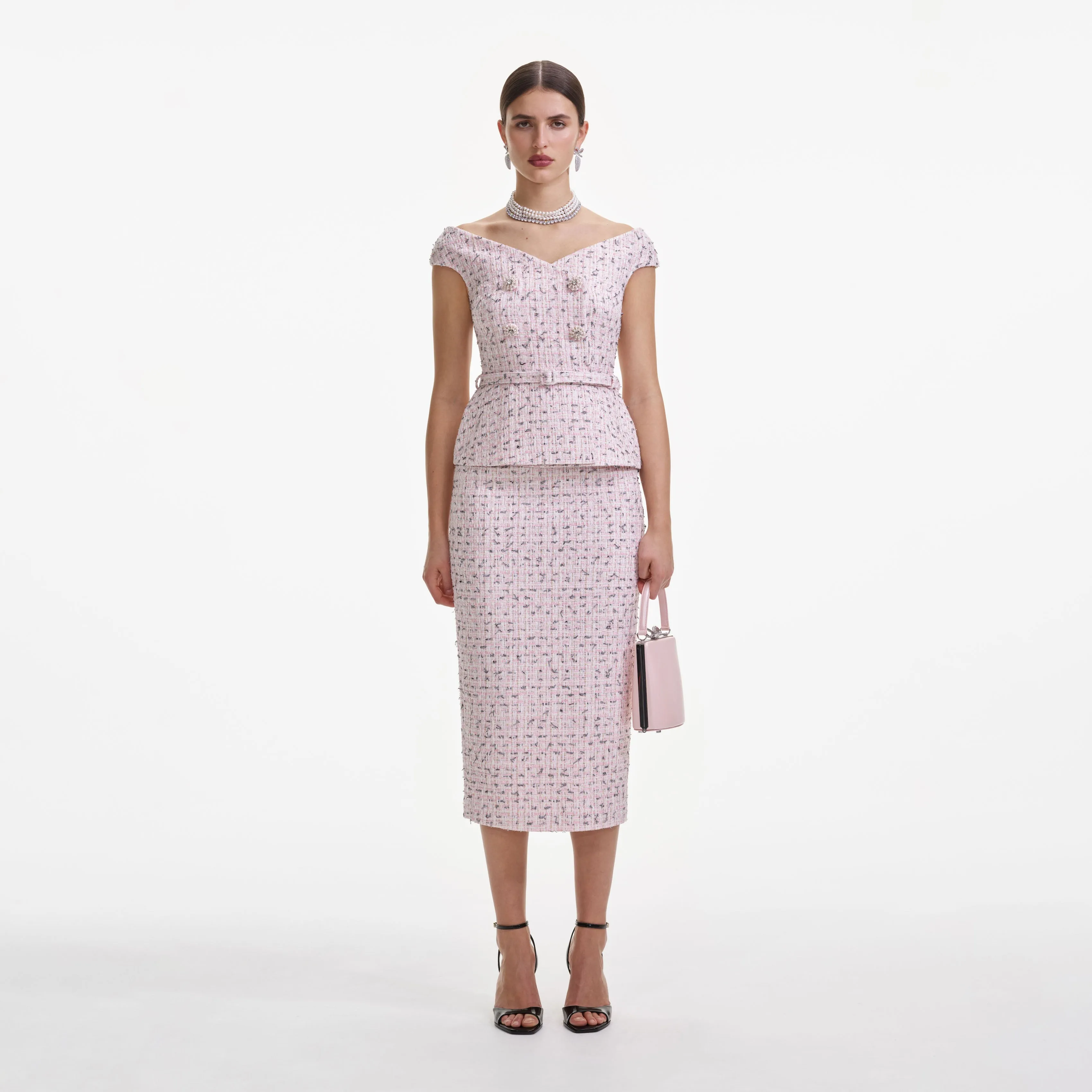 Pink Boucle Pearl Midi Dress sold by Self-Portrait