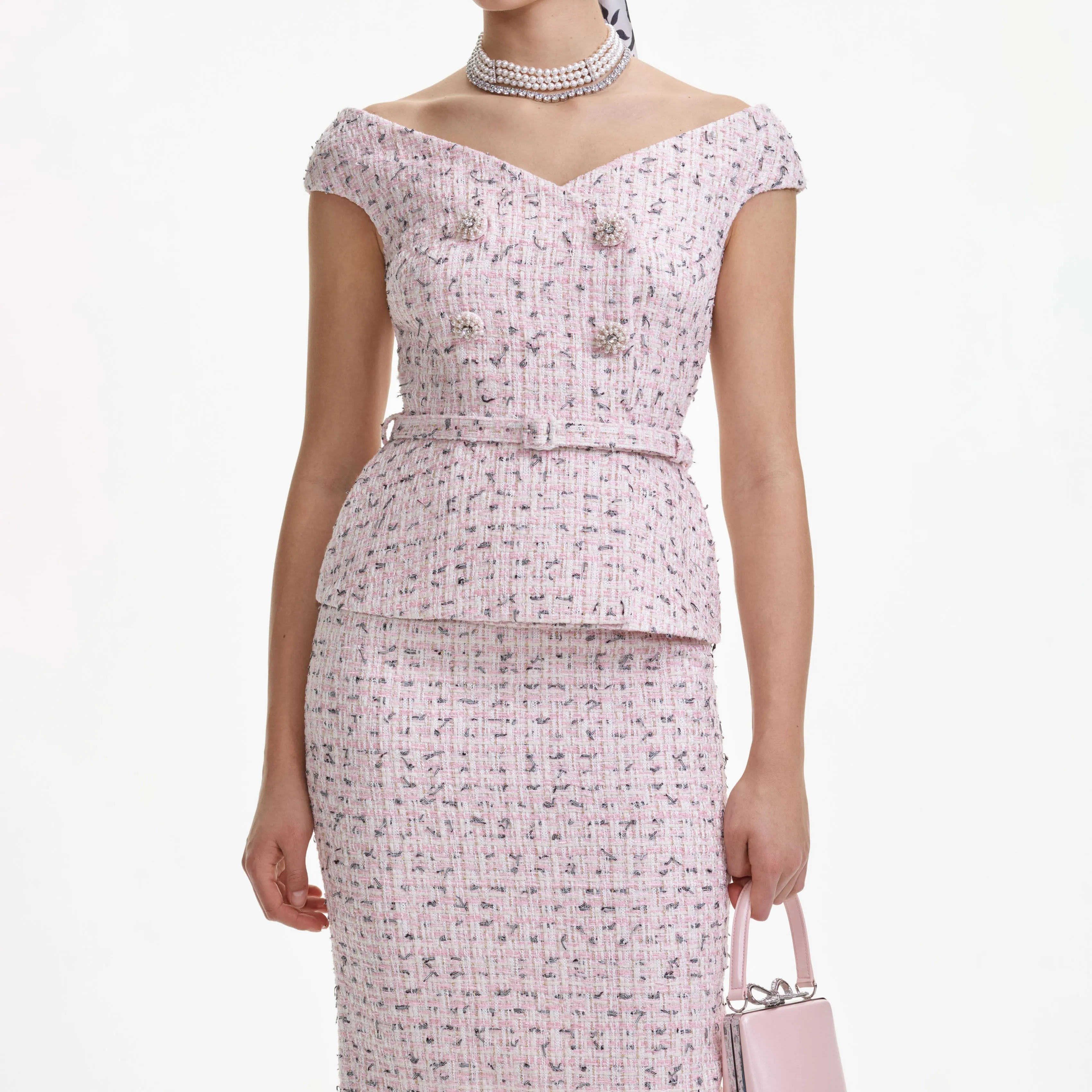 Pink Boucle Pearl Midi Dress sold by Self-Portrait product image thumbnail 4