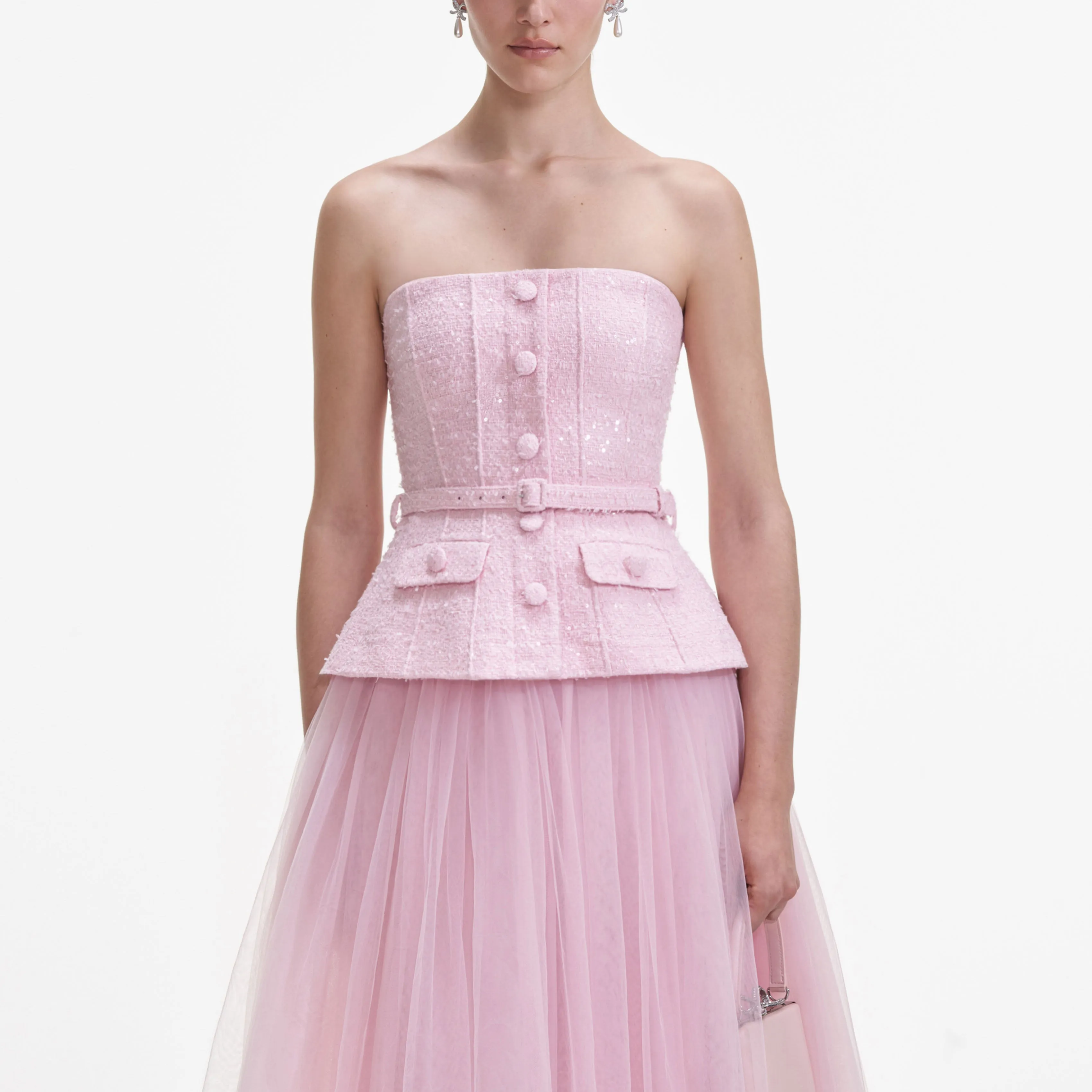 Pink Boucle Tulle Midi Dress sold by Self-Portrait product image thumbnail 4