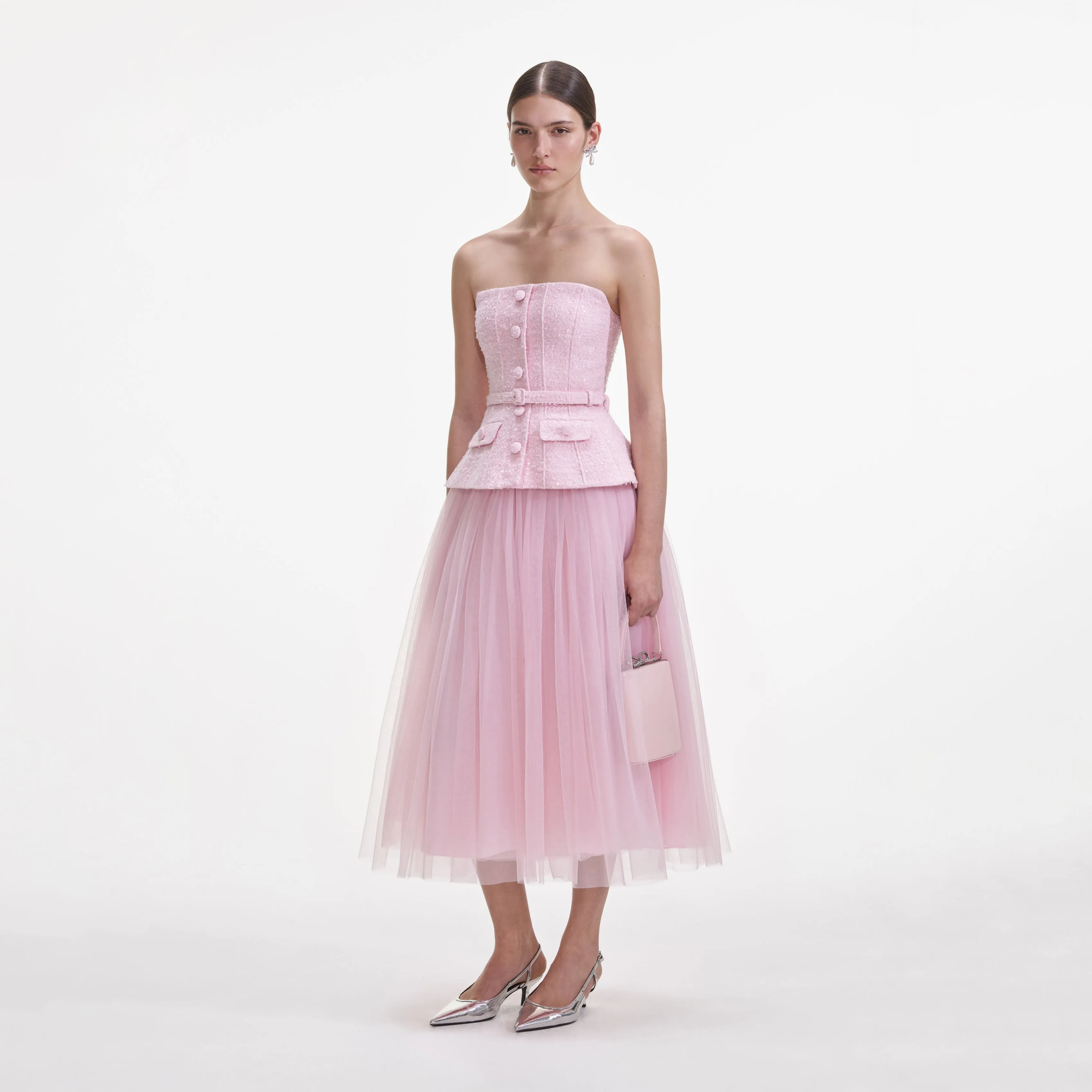 Pink Boucle Tulle Midi Dress sold by Self-Portrait product image thumbnail 2