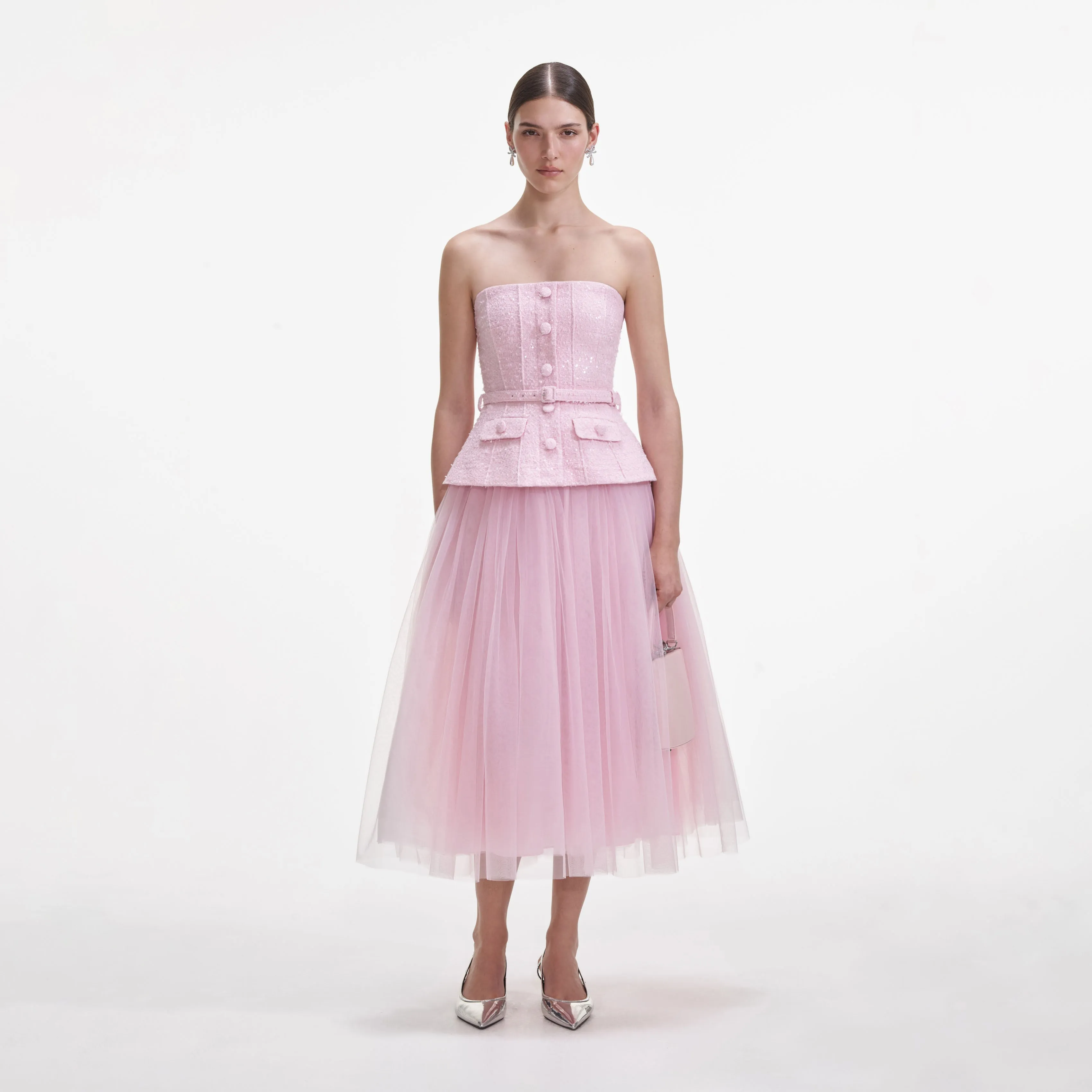 Pink Boucle Tulle Midi Dress sold by Self-Portrait