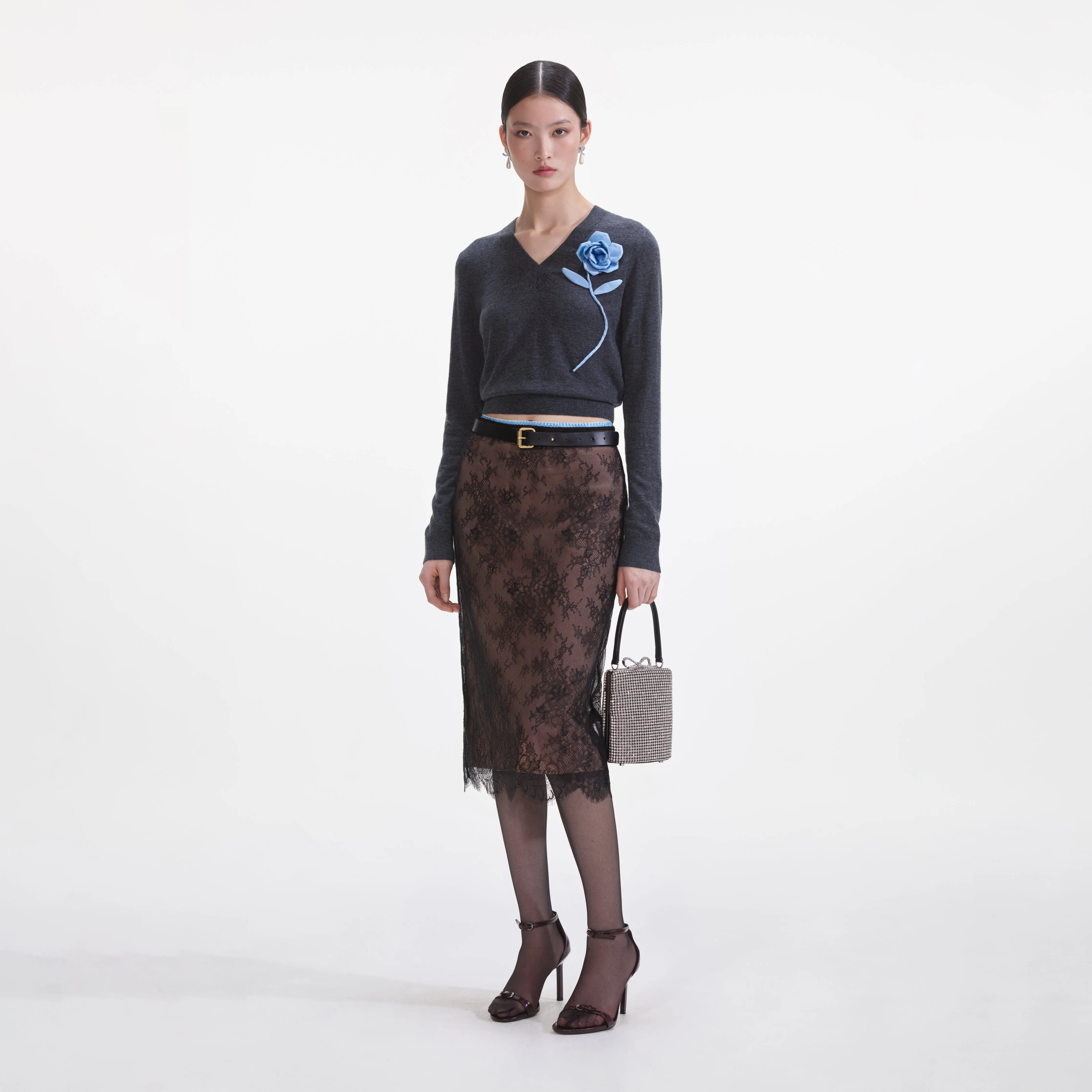 Black Lace Midi Skirt sold by Self-Portrait product image thumbnail 2