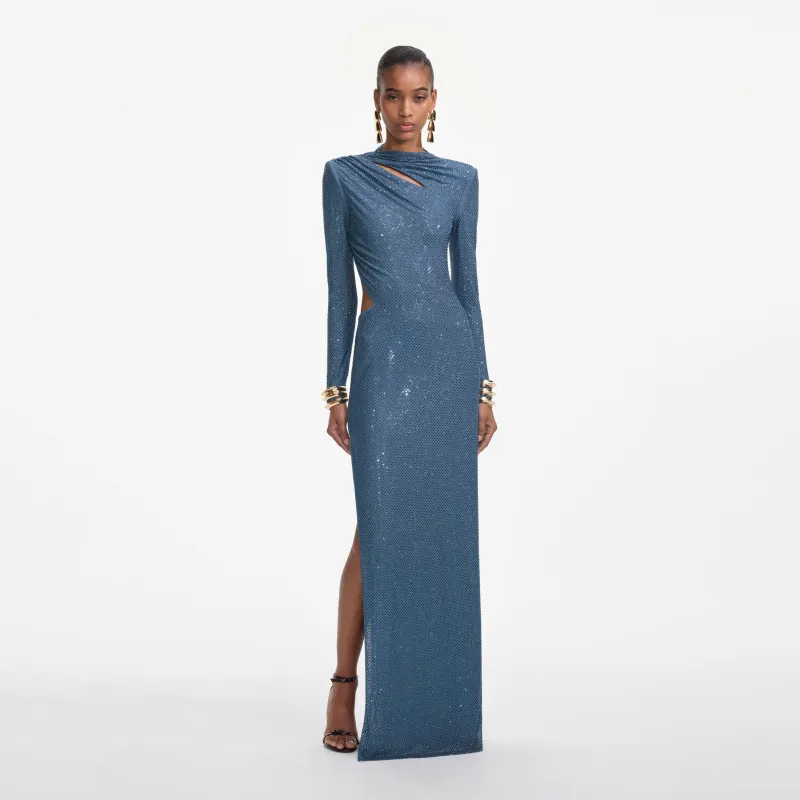 Blue Rhinestone Gathered Maxi Dress made by Self-Portrait