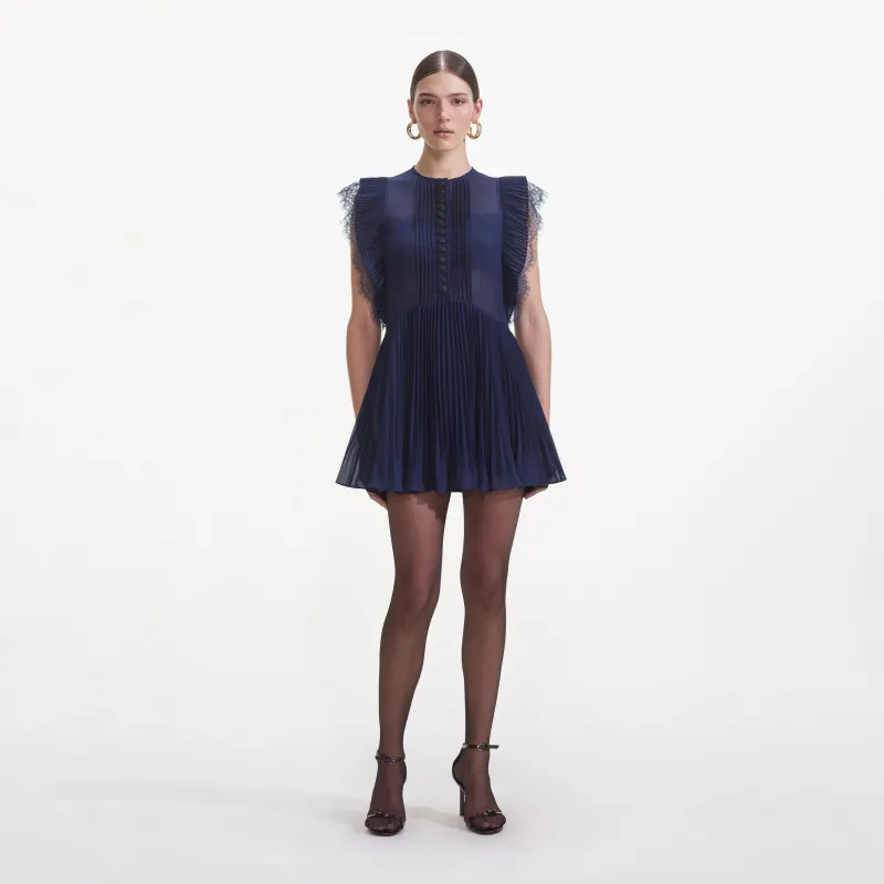 Navy Chiffon Ruffle Mini Dress made by Self-Portrait
