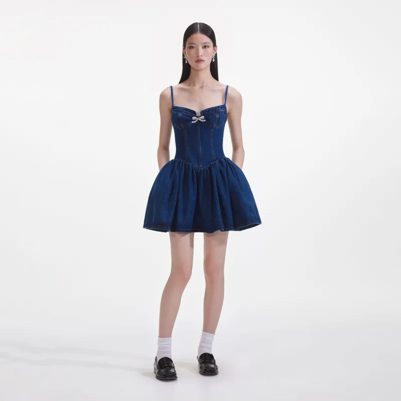 Denim Diamante Bow Sweetheart Mini Dress made by Self-Portrait