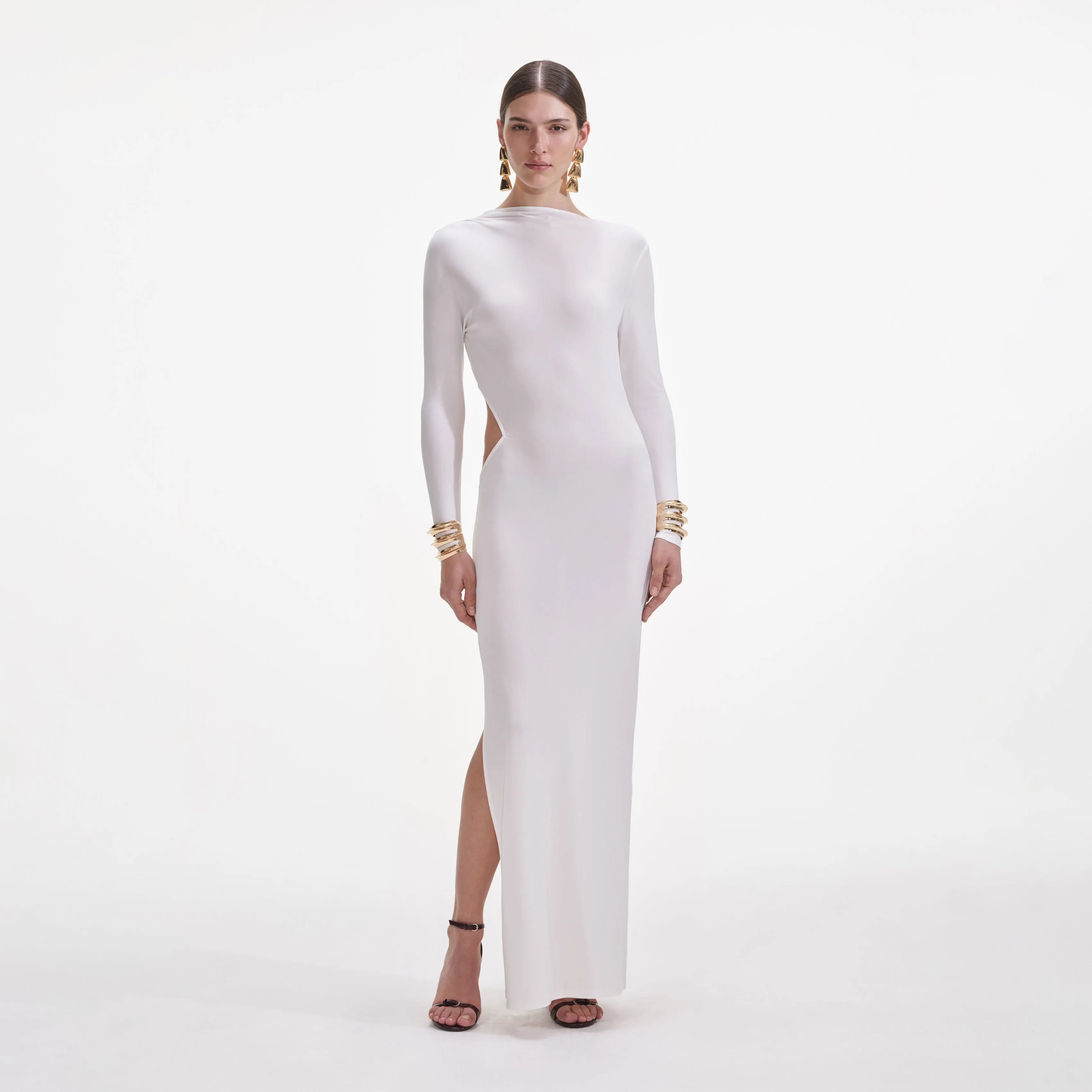 White Jersey Gathered Midi Dress sold by Self-Portrait
