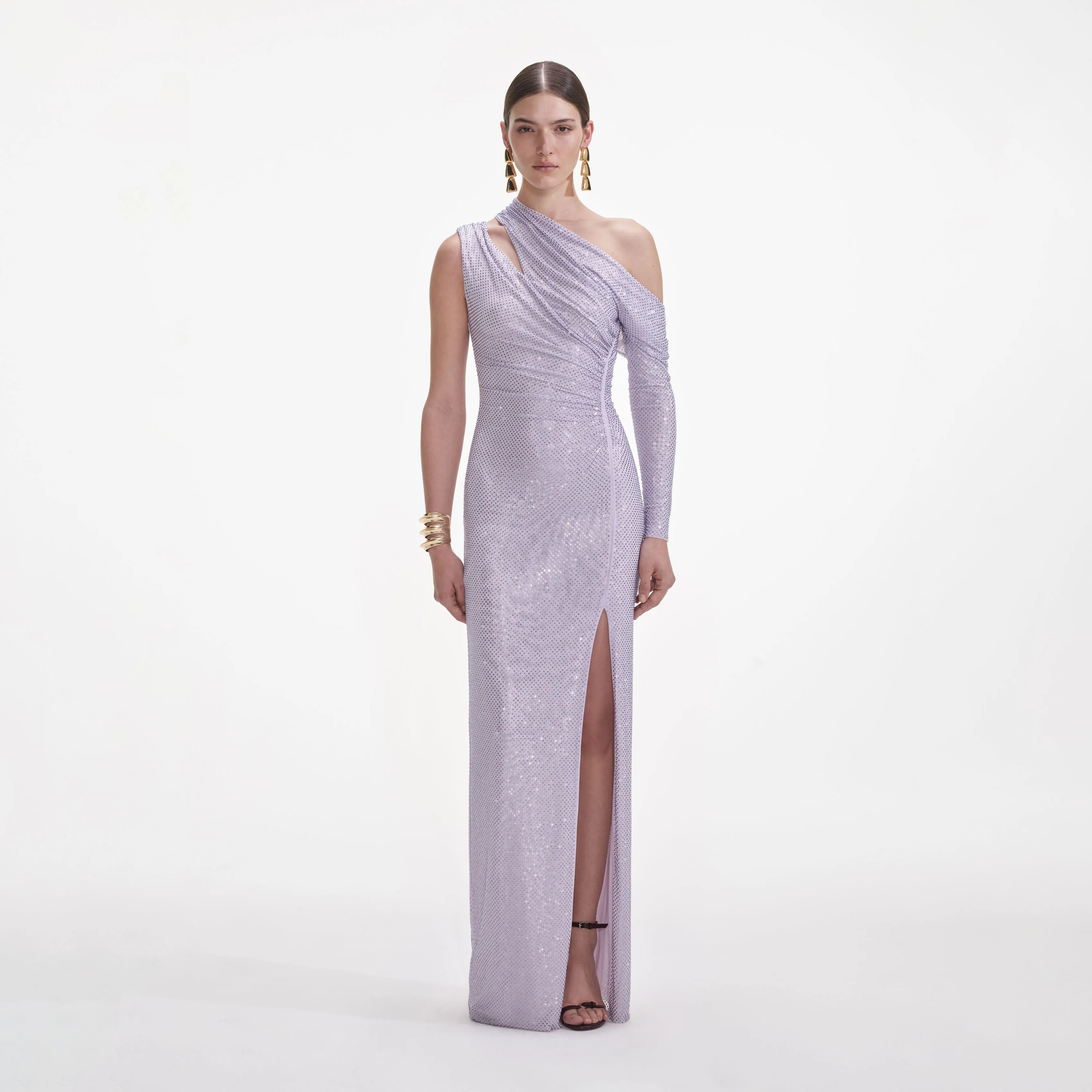 Lilac Rhinestone Gathered Maxi Dress sold by Self-Portrait
