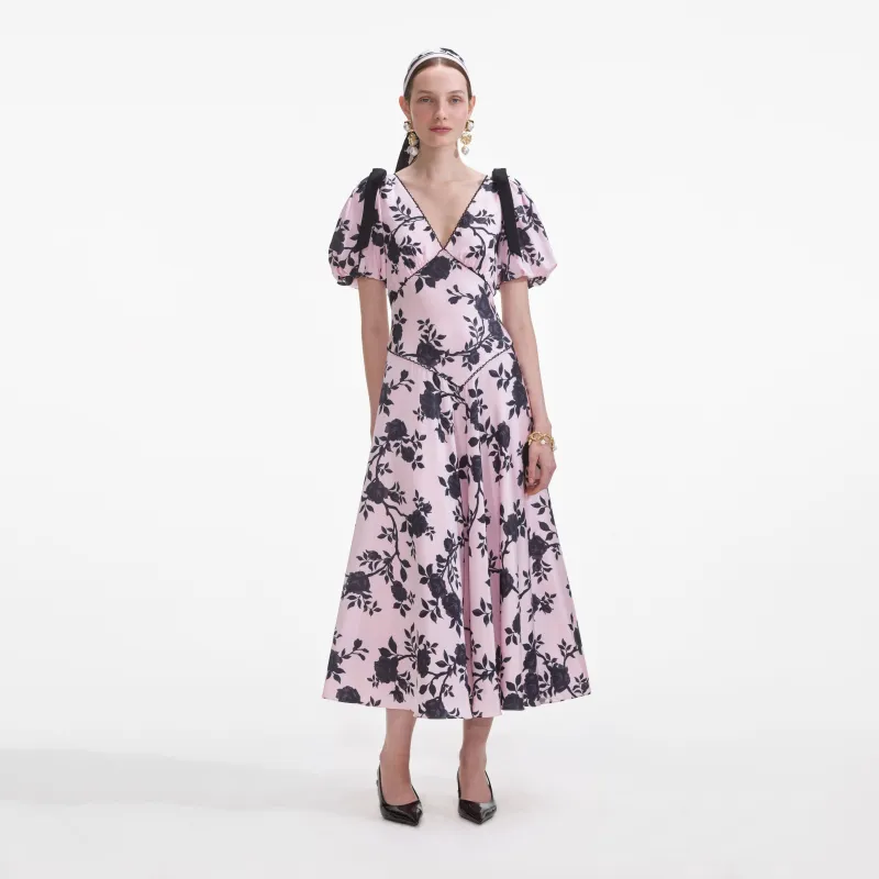 Pink Satin Floral Midi Dress made by Self-Portrait