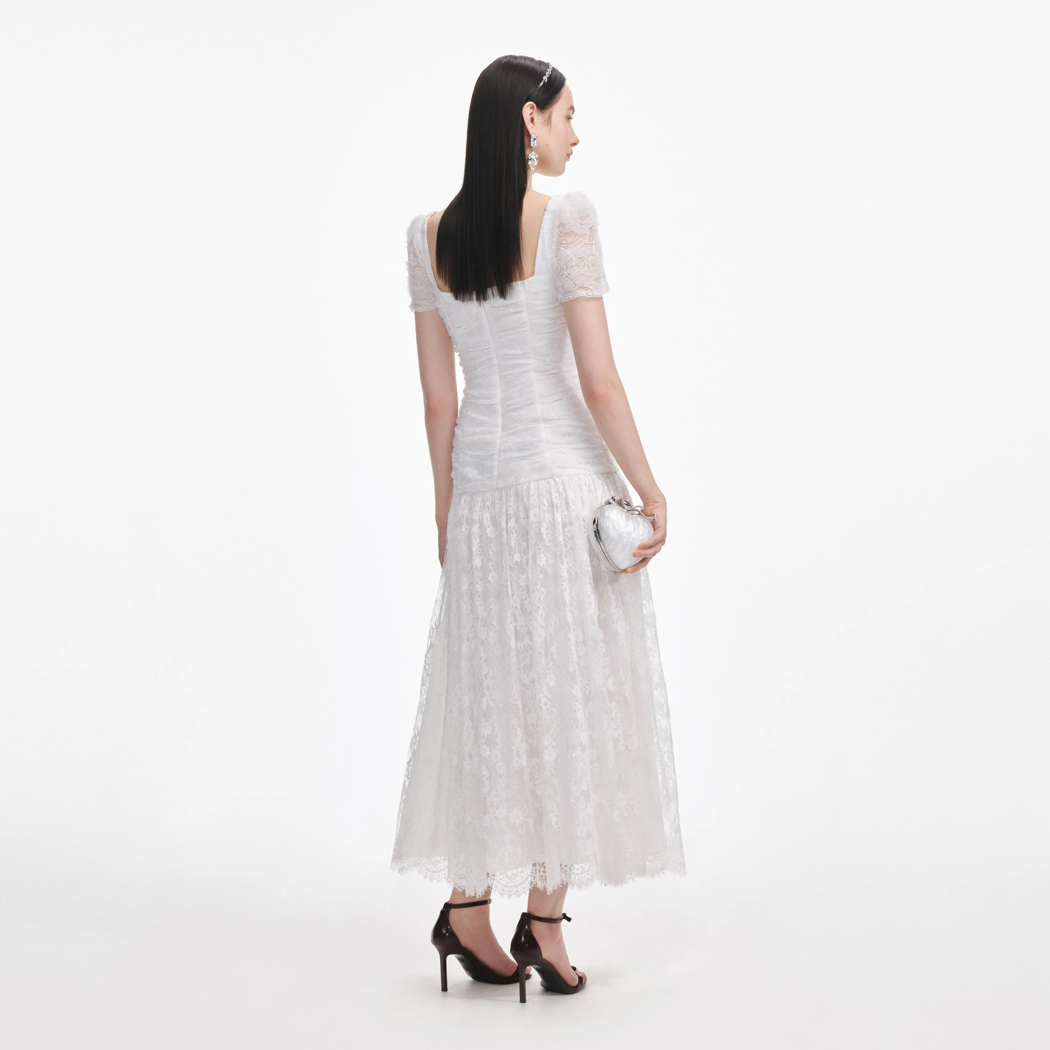 White Tulle Lace Gathered Midi Dress sold by Self-Portrait product image thumbnail 3