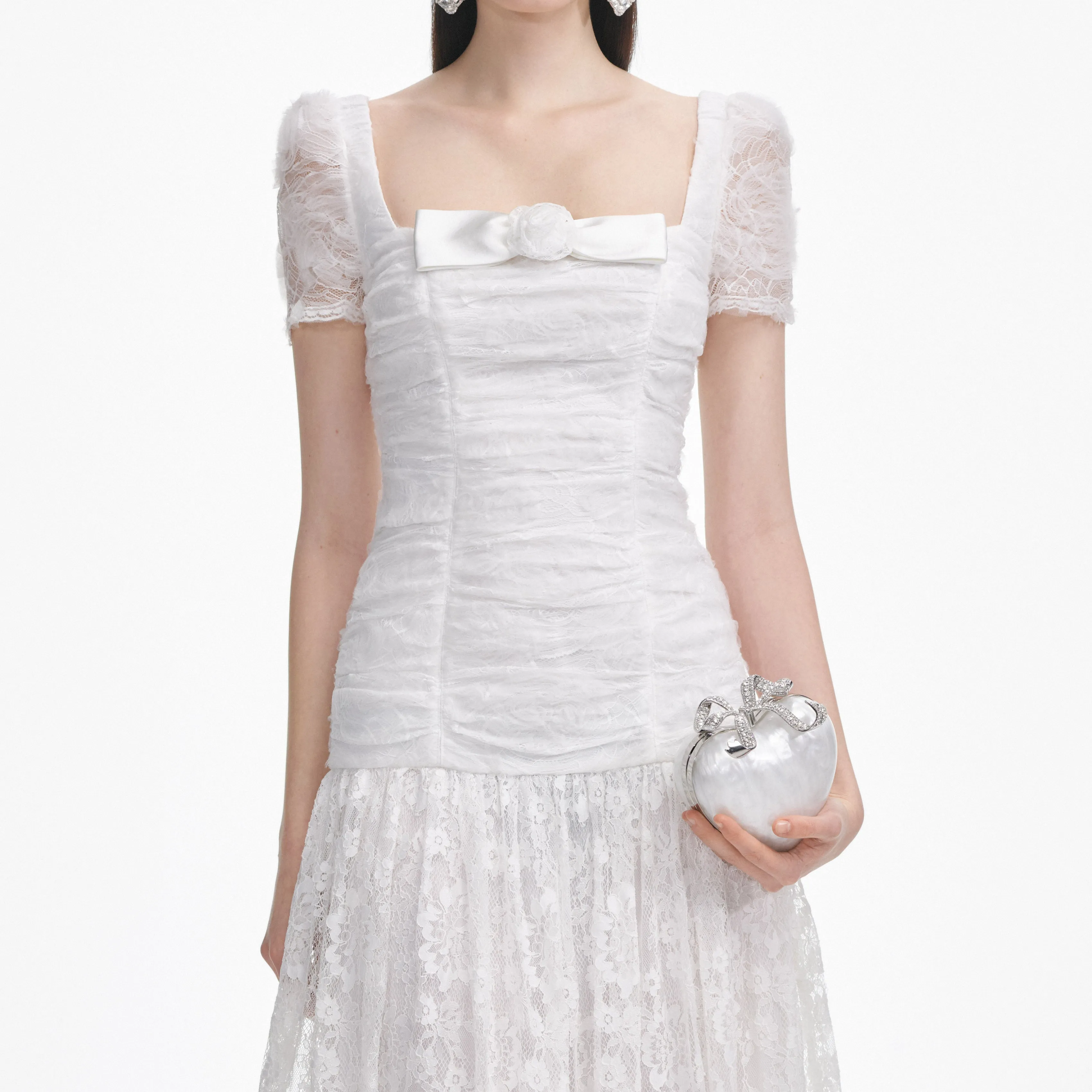 White Tulle Lace Gathered Midi Dress sold by Self-Portrait product image thumbnail 4