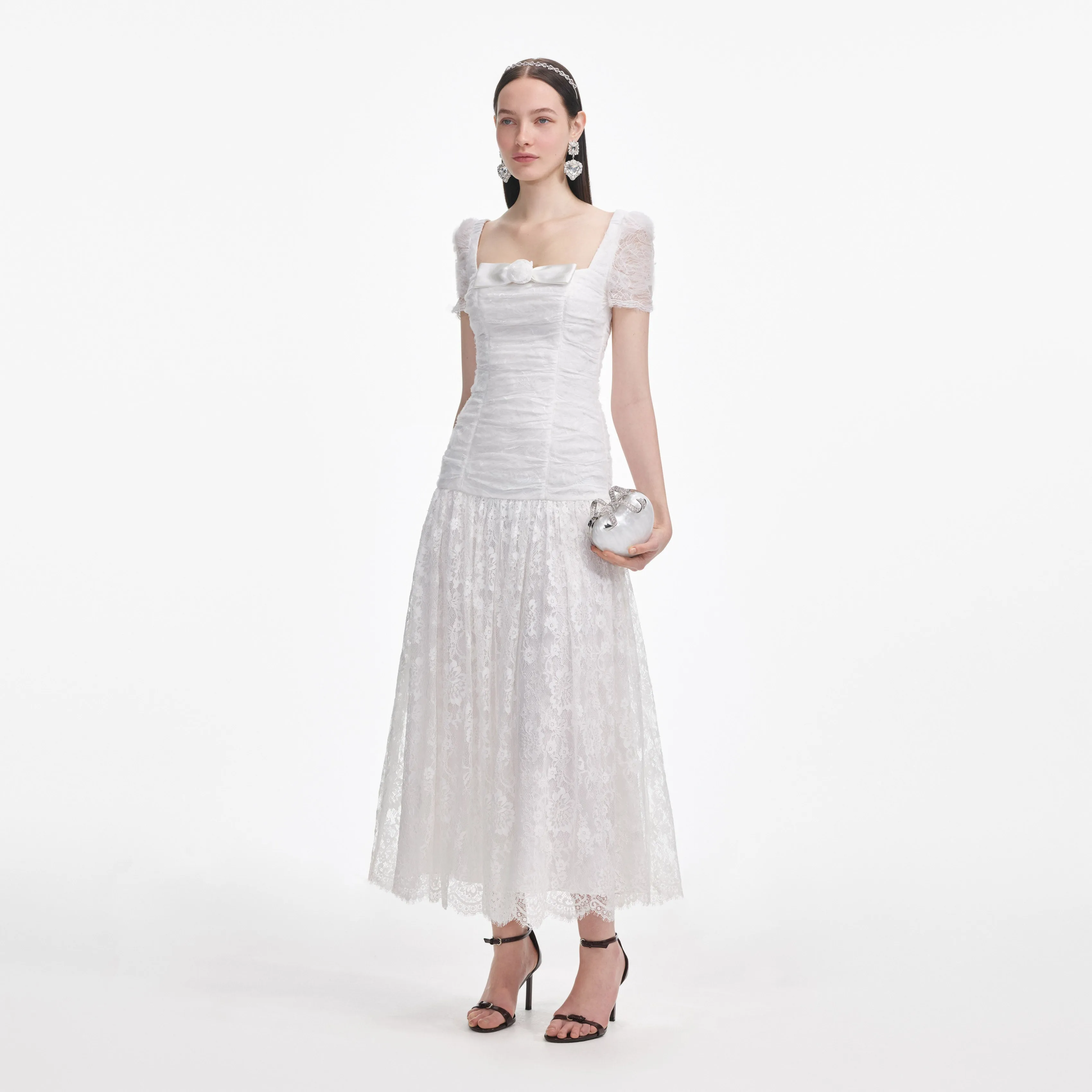 White Tulle Lace Gathered Midi Dress sold by Self-Portrait product image thumbnail 2