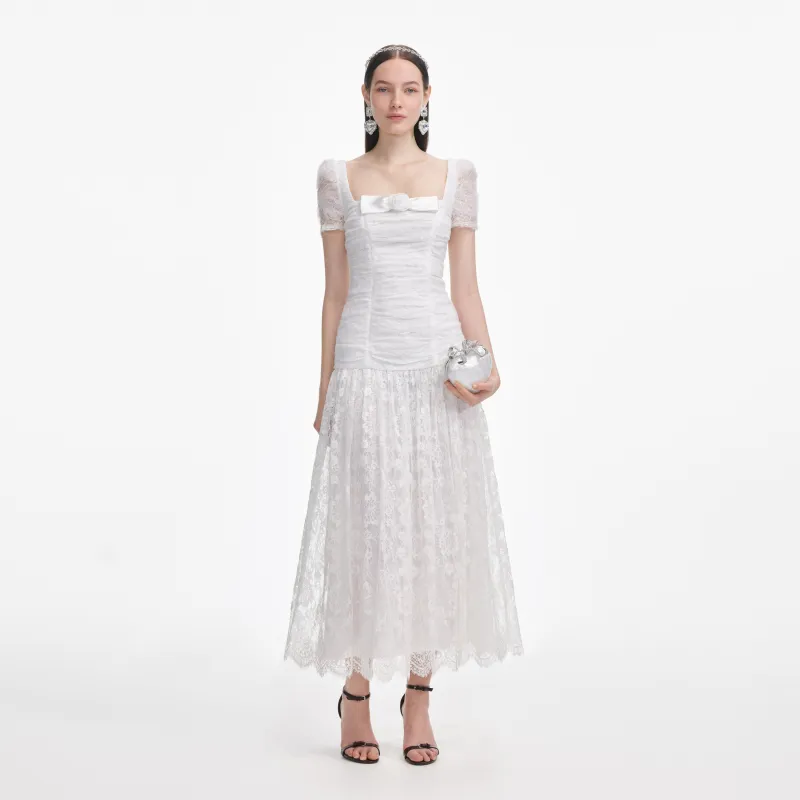 White Tulle Lace Gathered Midi Dress made by Self-Portrait