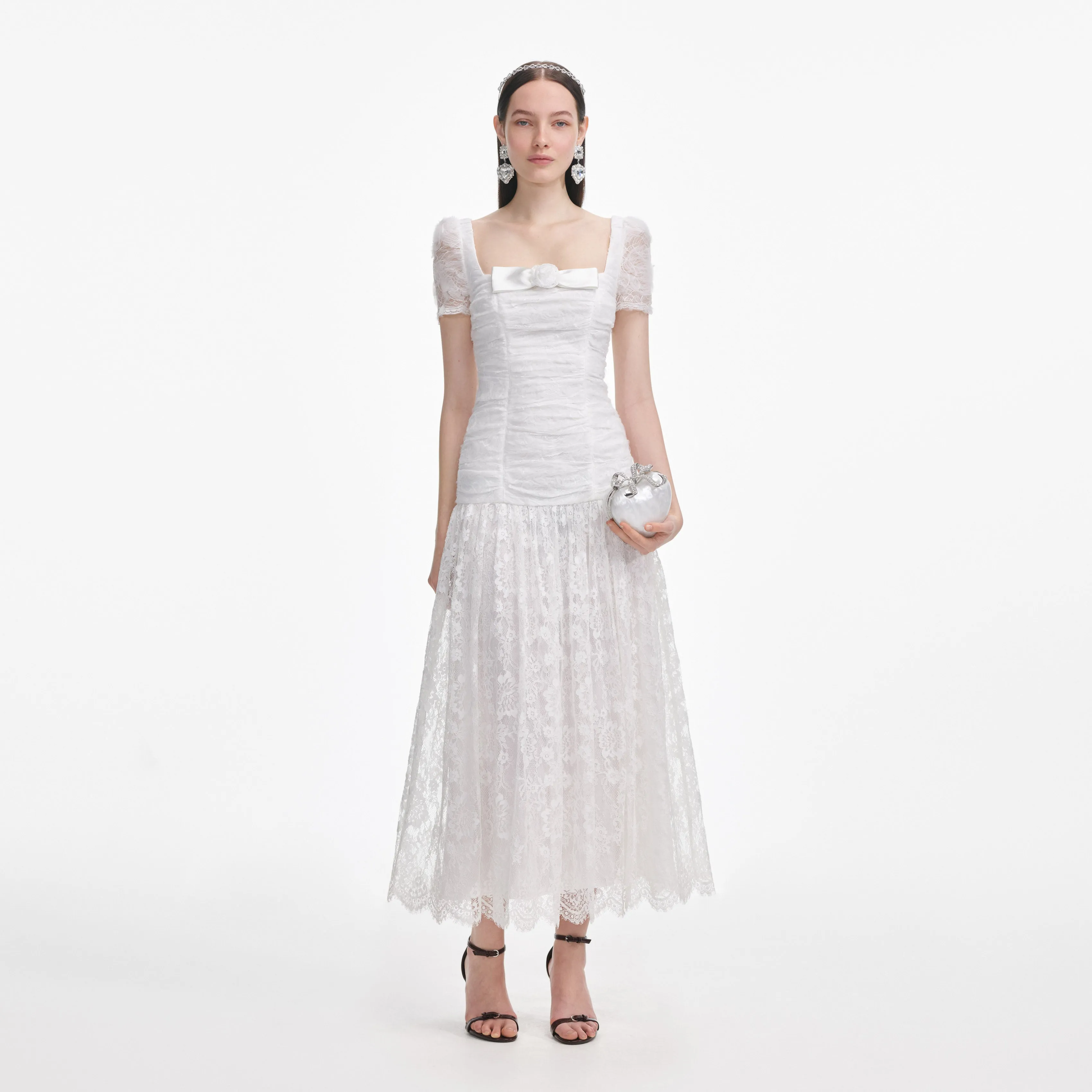 White Tulle Lace Gathered Midi Dress sold by Self-Portrait