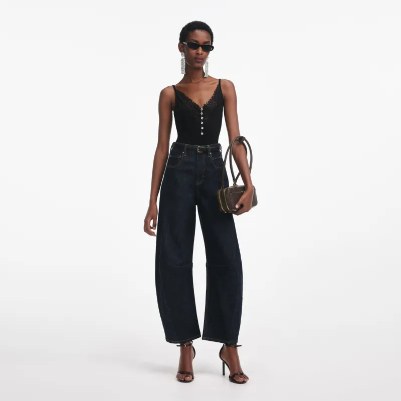 Black Lace Trim Rib Knit Top made by Self-Portrait