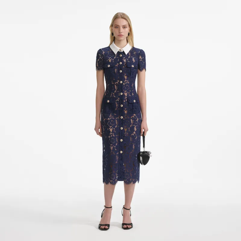 Navy Lace Contrast Collar Midi Dress made by Self-Portrait