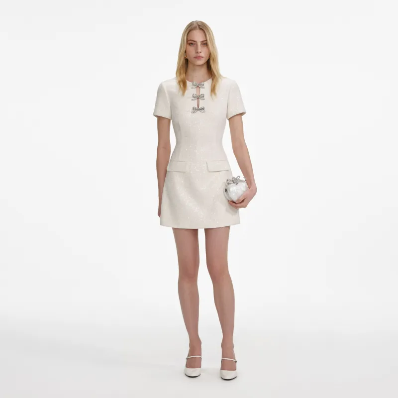 Cream Sequin Boucle Bow Mini Dress made by Self-Portrait