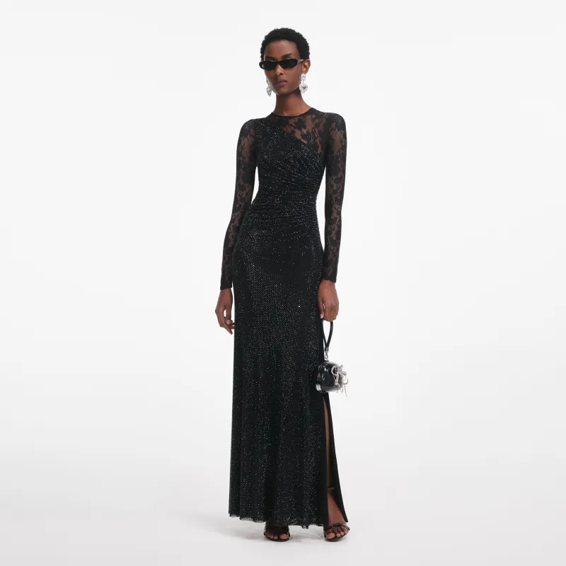 Black Rhinestone Lace Sleeves Maxi Dress made by Self-Portrait