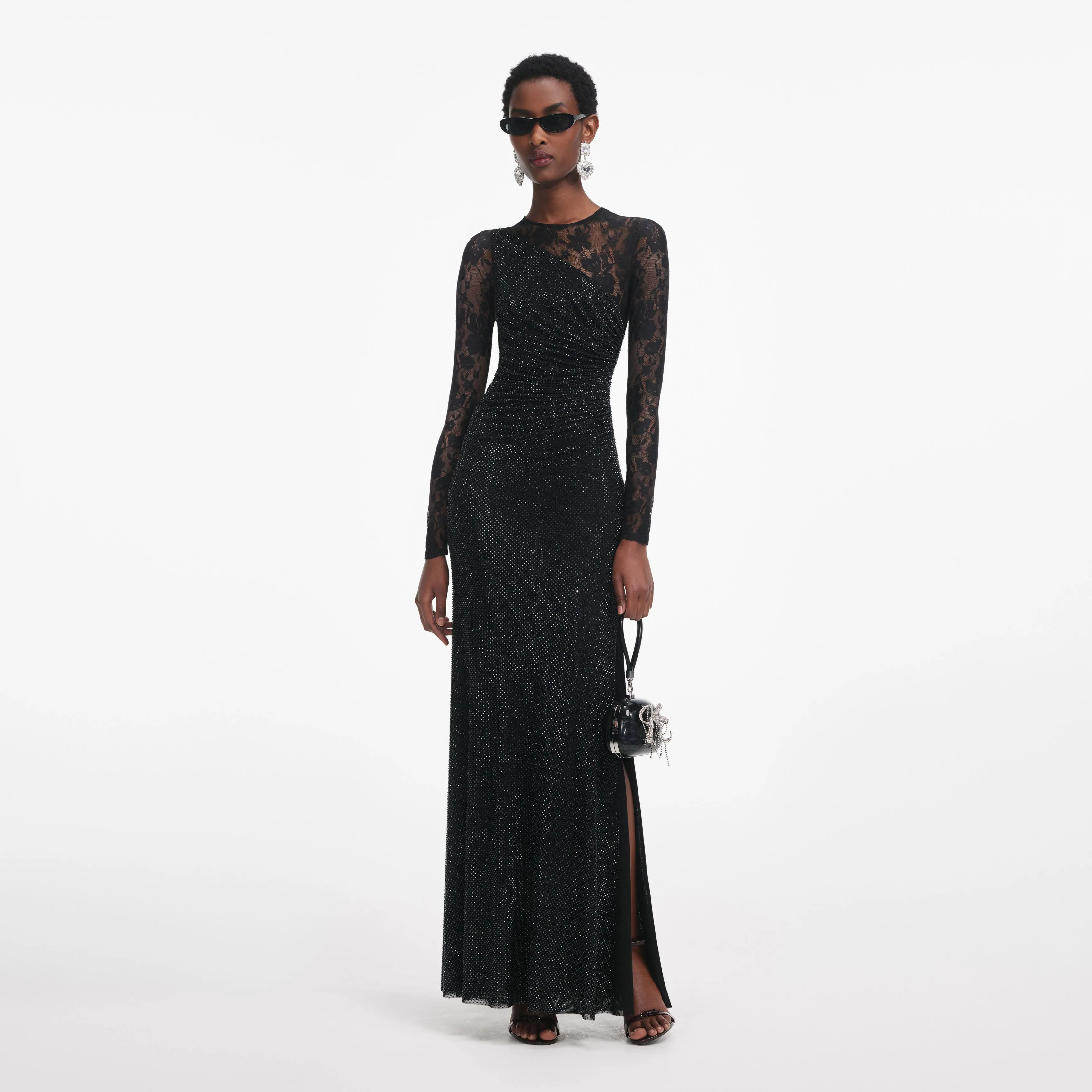 Black Rhinestone Lace Sleeves Maxi Dress sold by Self-Portrait