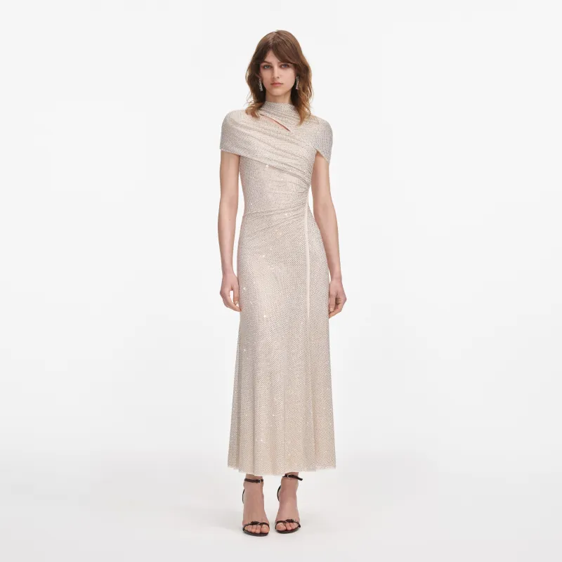 Champagne Rhinestone Mesh Cut Out Midi Dress made by Self-Portrait