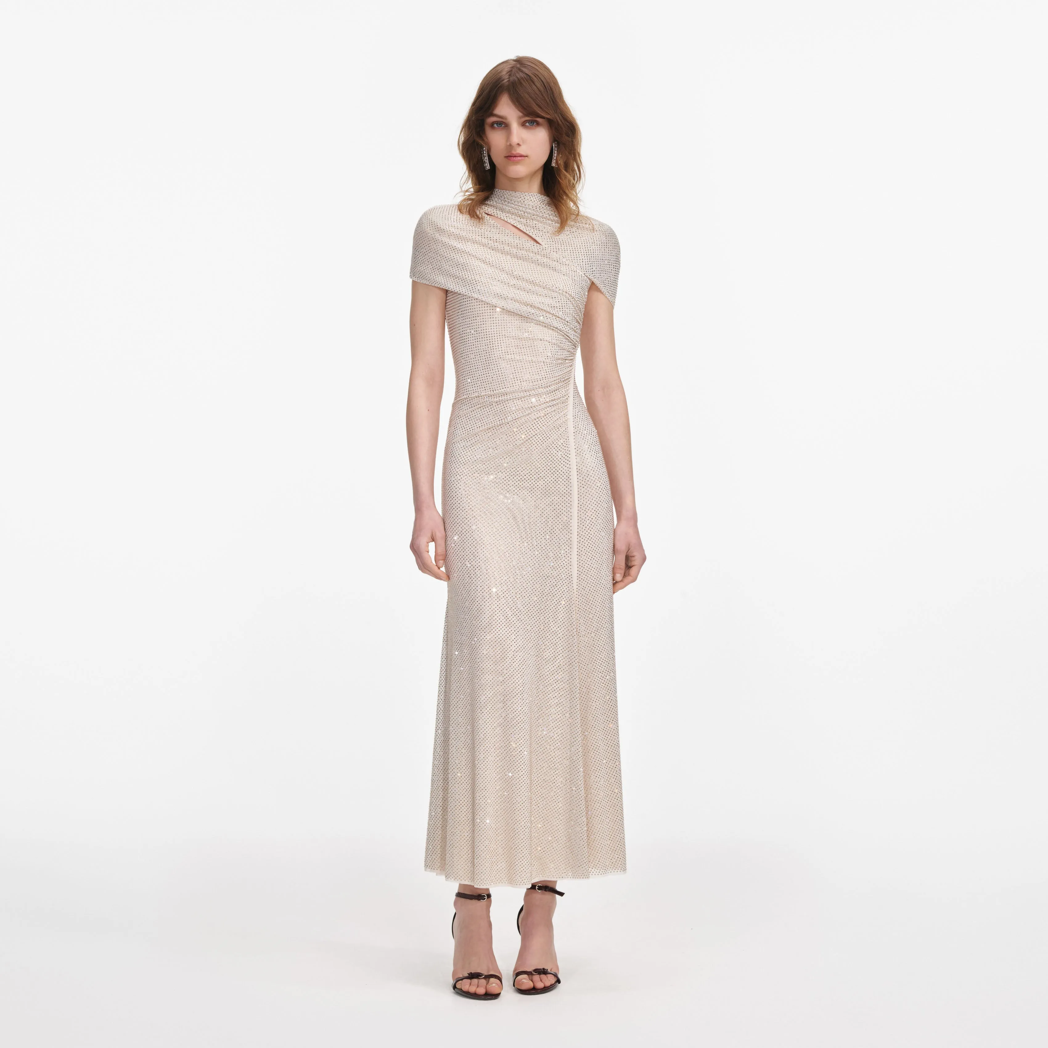 Champagne Rhinestone Mesh Cut Out Midi Dress sold by Self-Portrait