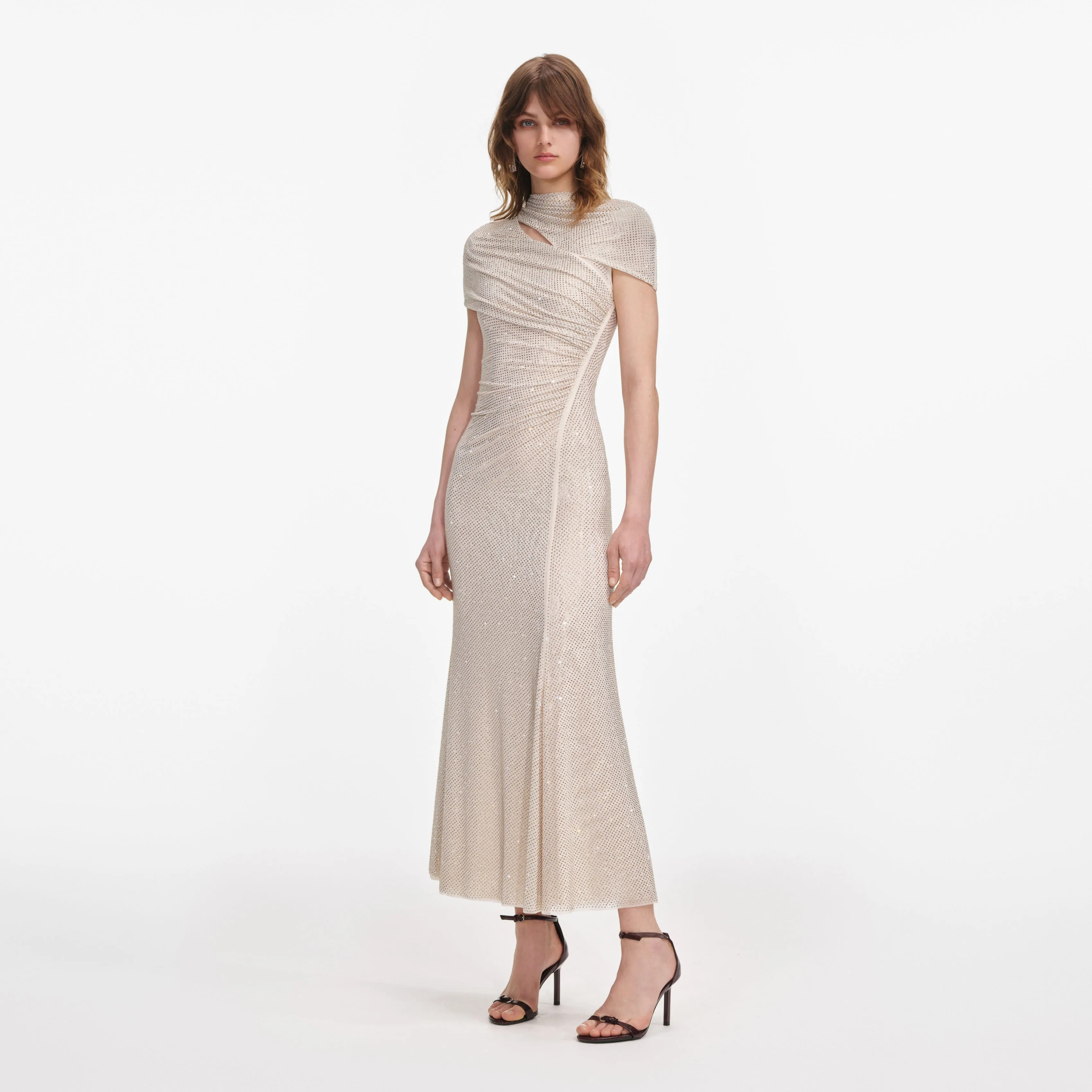 Champagne Rhinestone Mesh Cut Out Midi Dress sold by Self-Portrait product image thumbnail 2