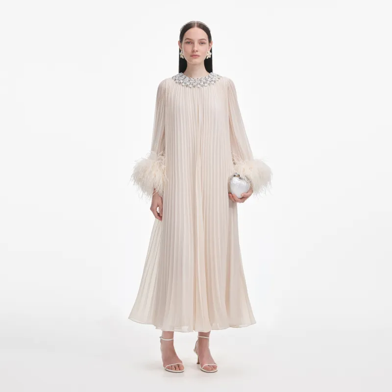 Cream Chiffon Feather Midi Dress made by Self-Portrait