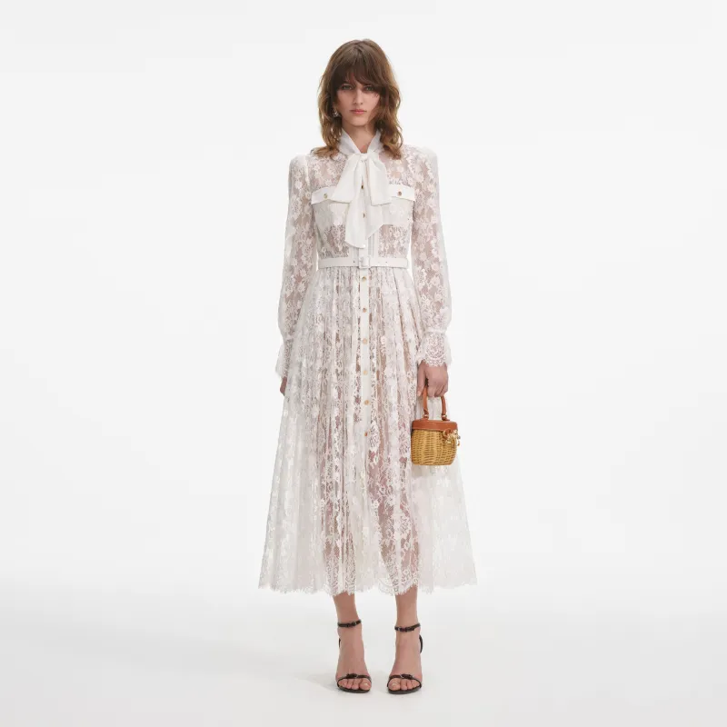 White Lace Tie Neck Midi Dress made by Self-Portrait