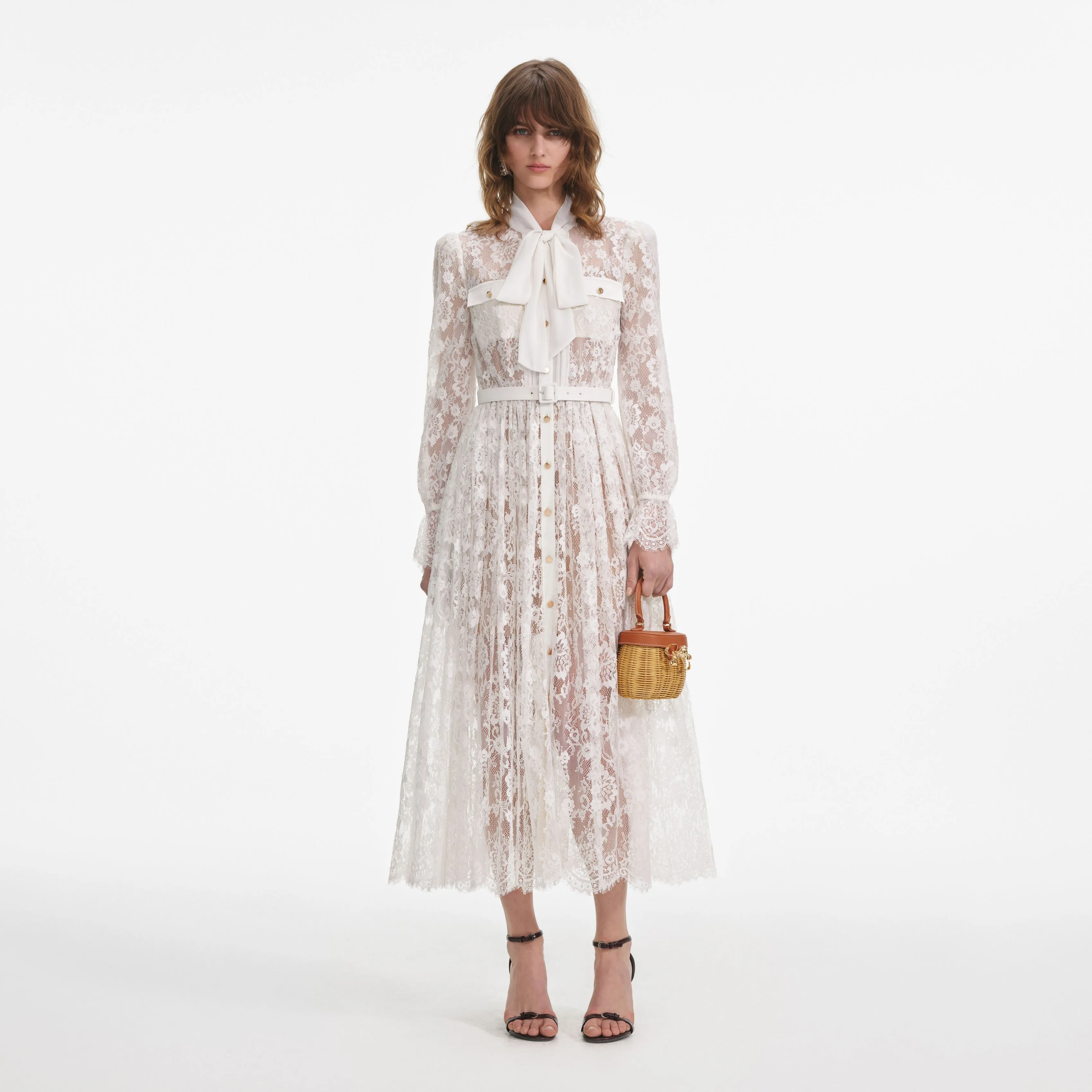 White Lace Tie Neck Midi Dress sold by Self-Portrait