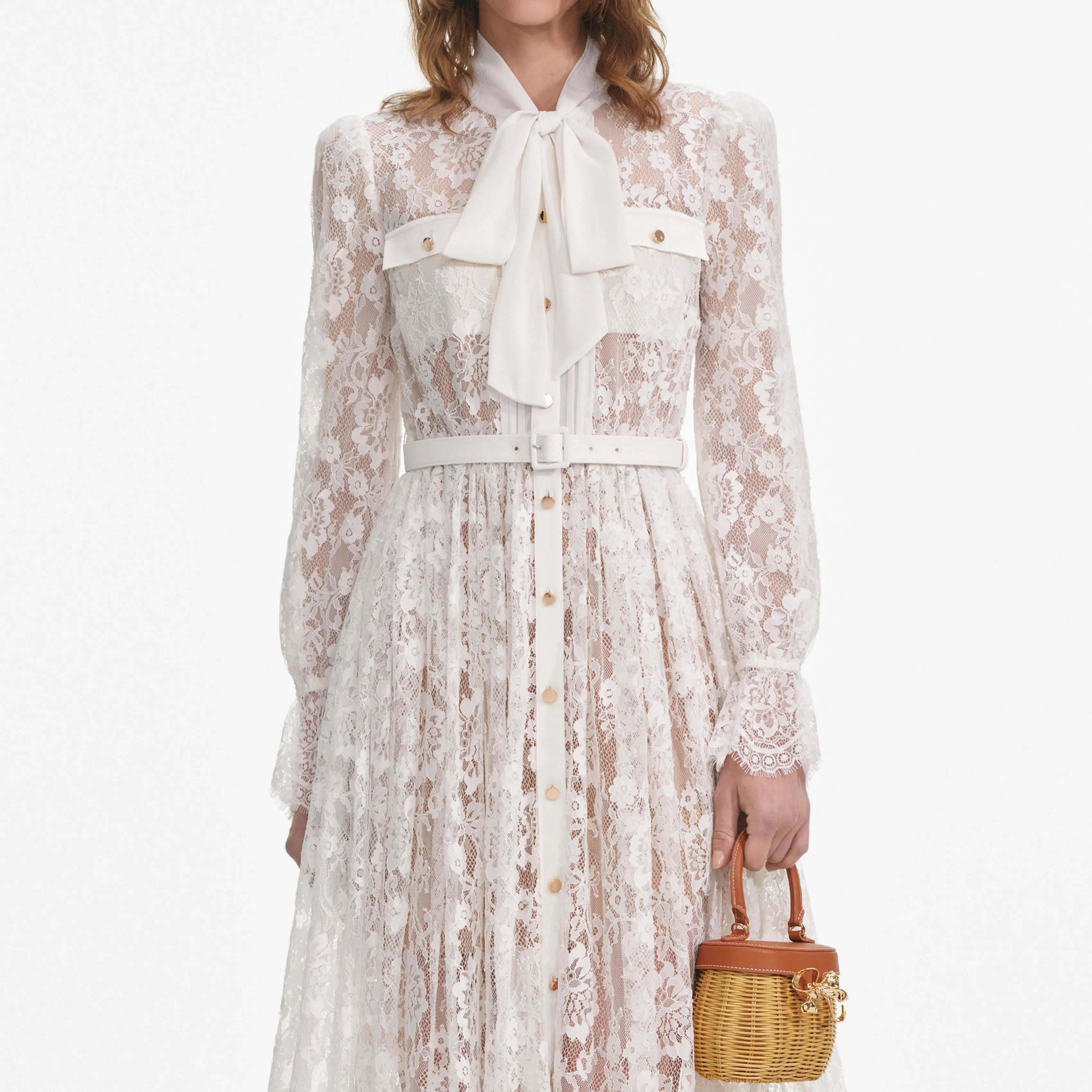 White Lace Tie Neck Midi Dress sold by Self-Portrait product image thumbnail 4