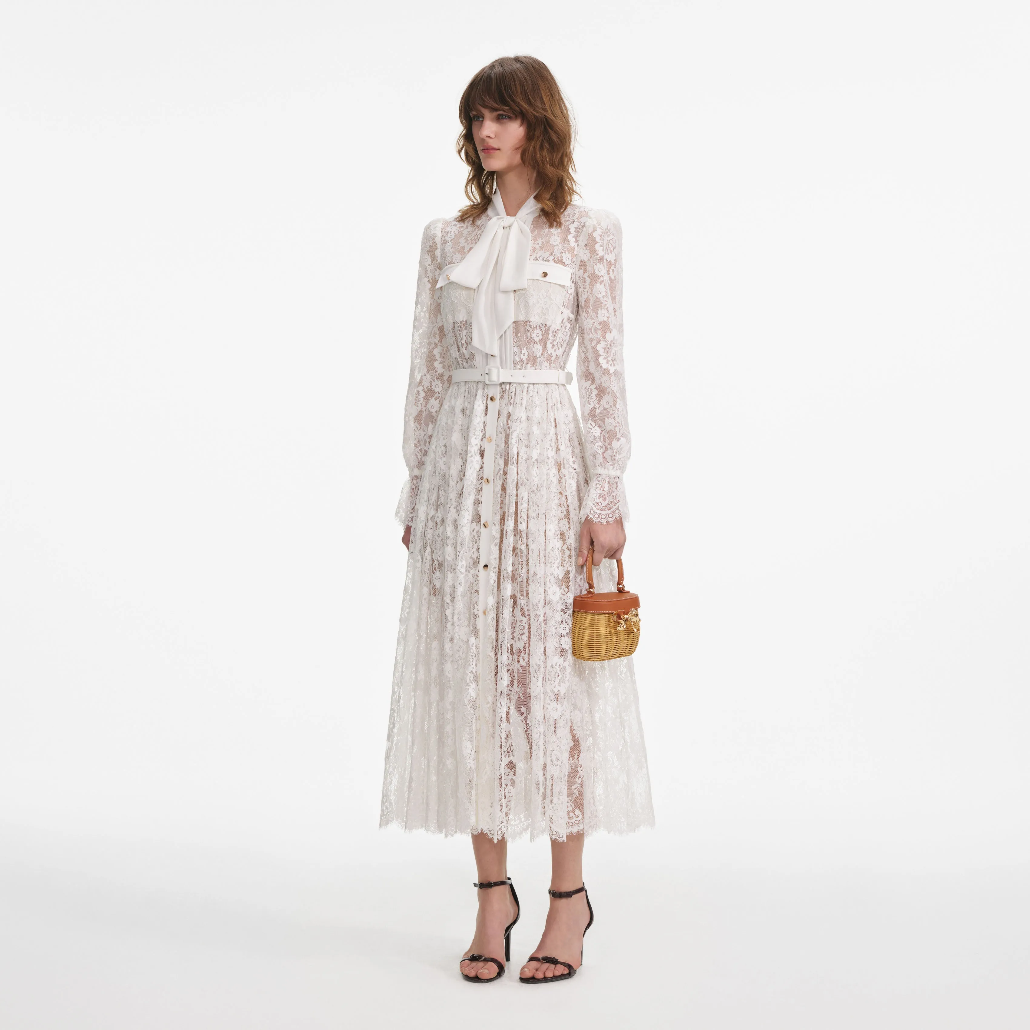 White Lace Tie Neck Midi Dress sold by Self-Portrait product image thumbnail 2