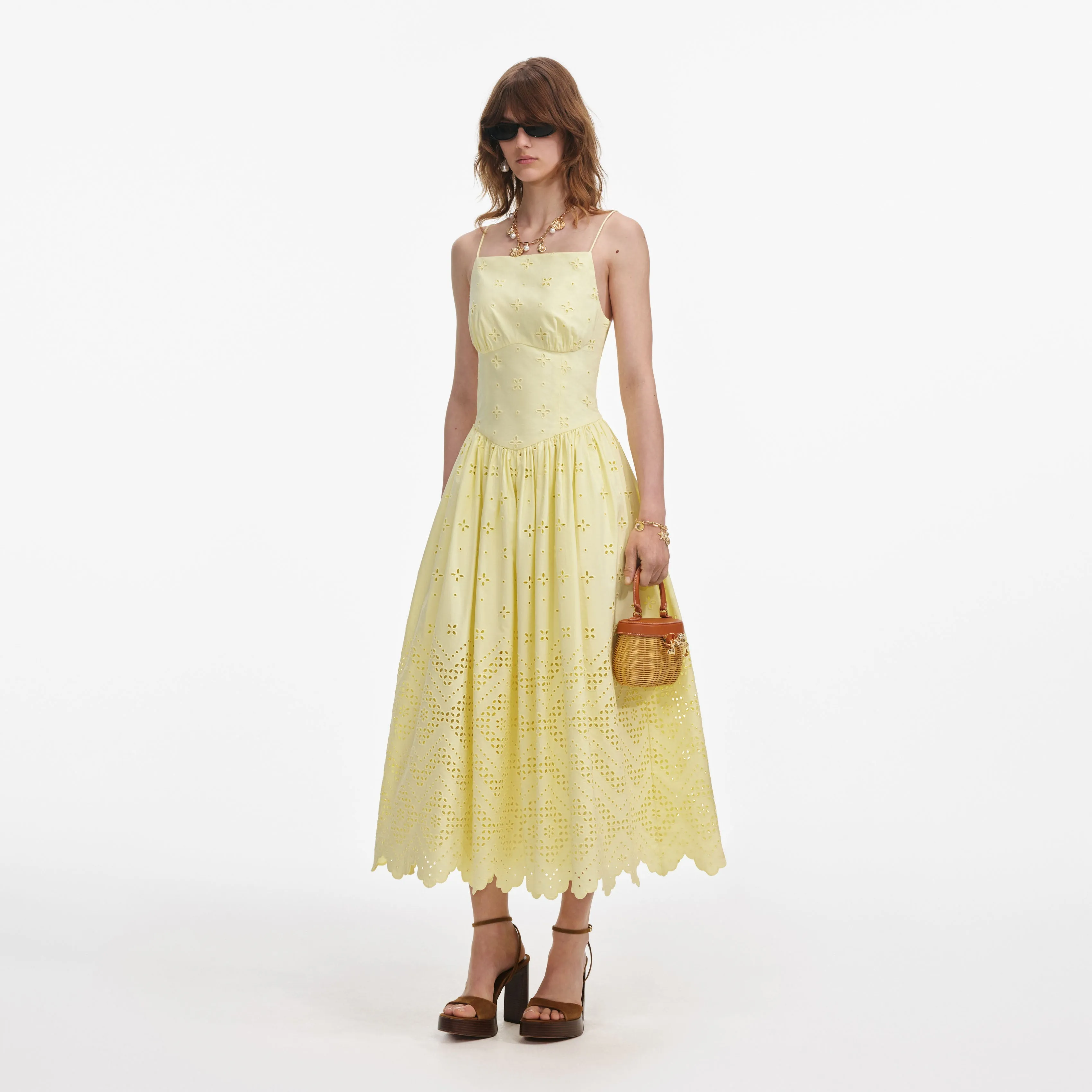 Yellow Cotton Broderie Midi Dress sold by Self-Portrait product image thumbnail 2
