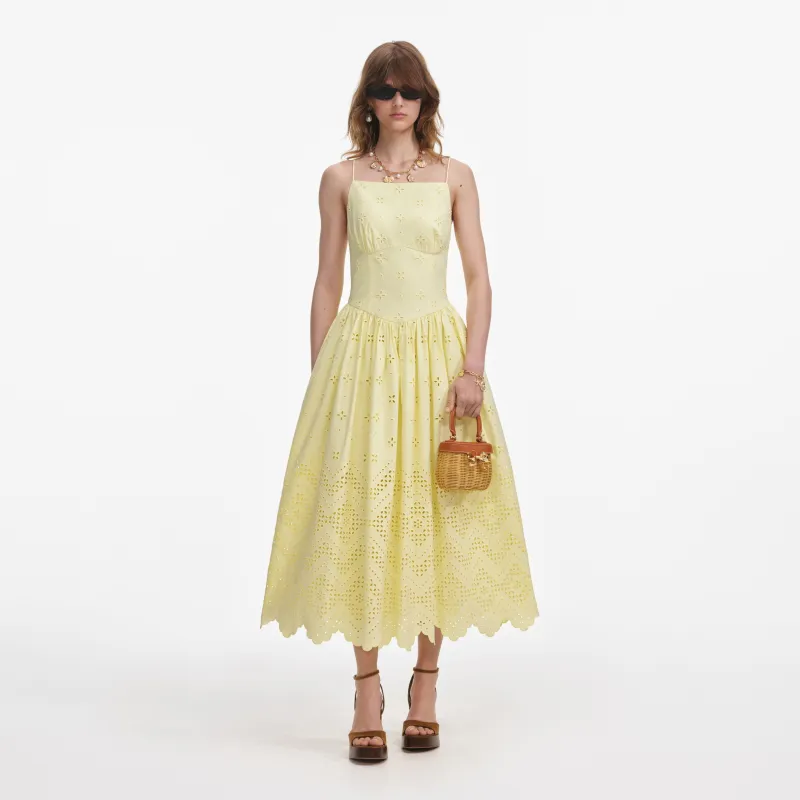 Yellow Cotton Broderie Midi Dress made by Self-Portrait