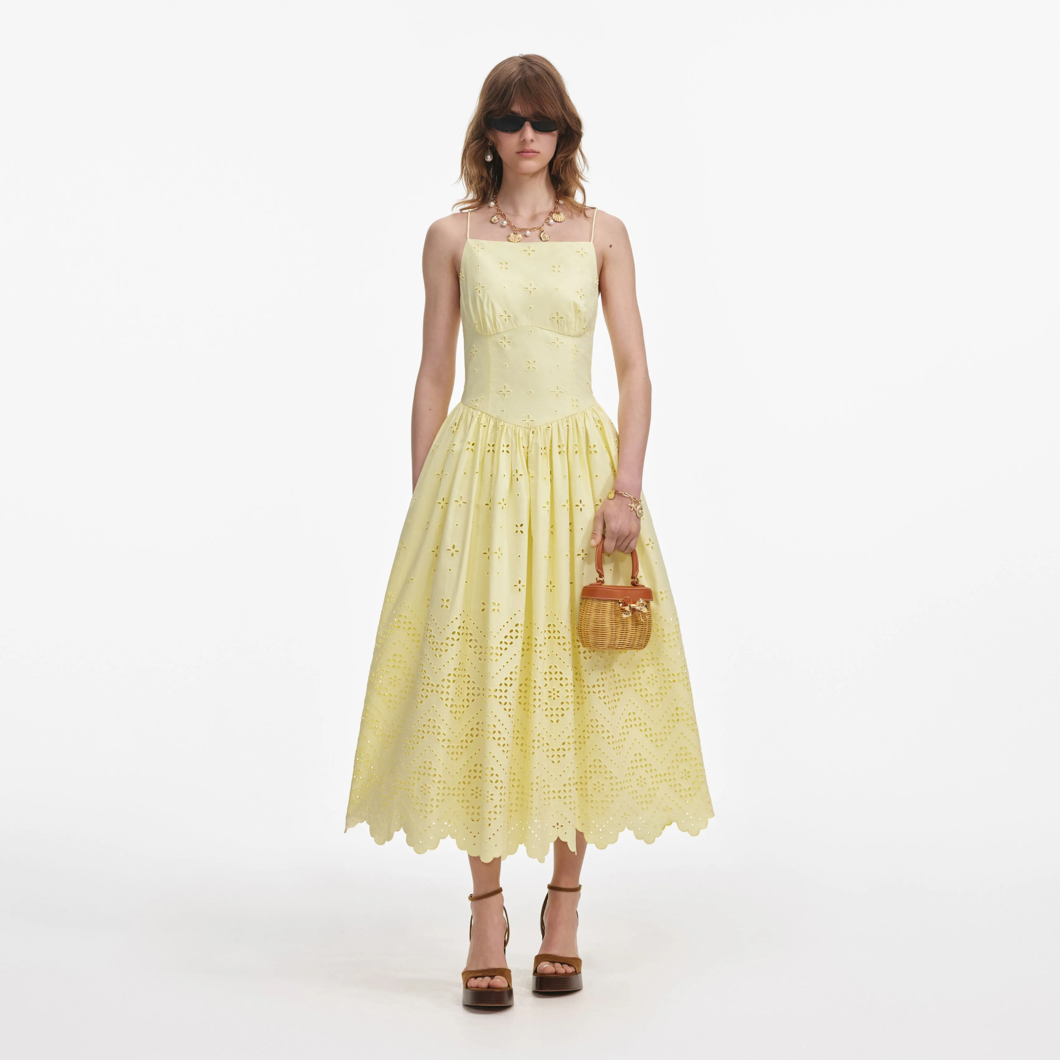 Yellow Cotton Broderie Midi Dress sold by Self-Portrait