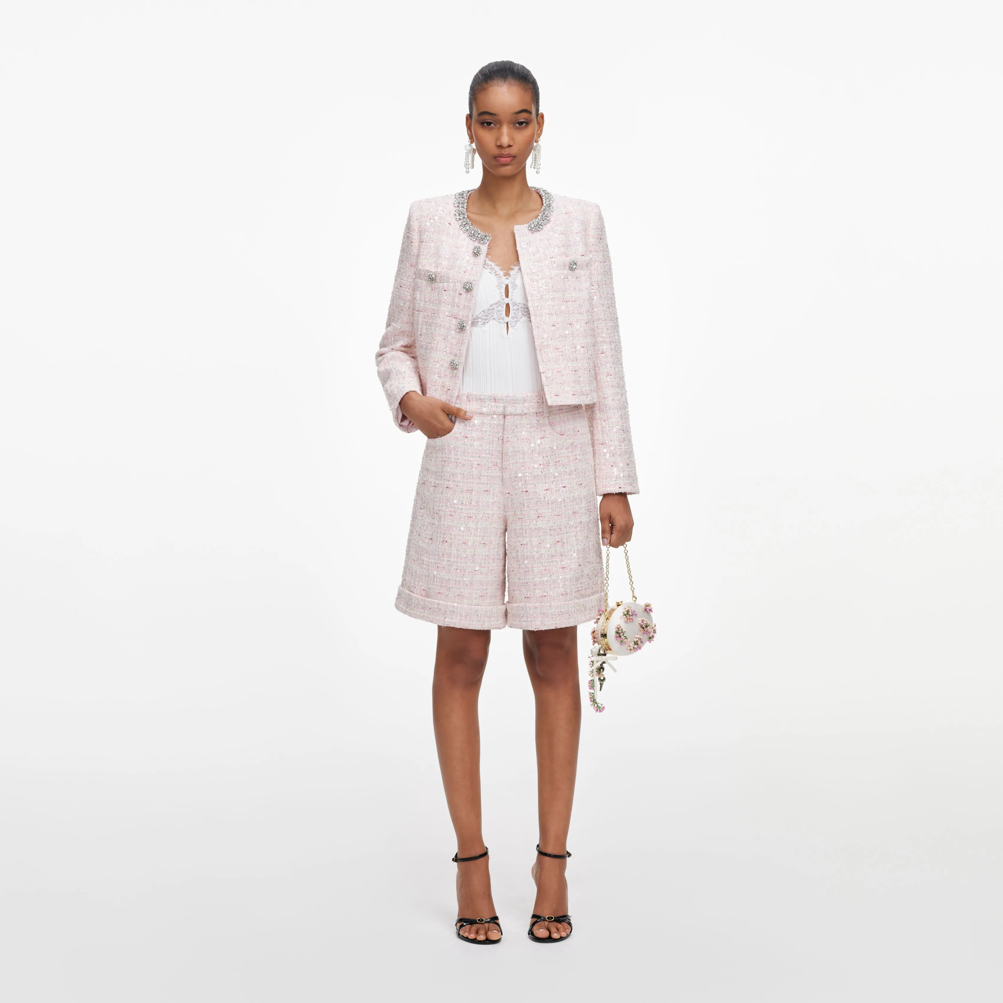 Pink Sequin Boucle Shorts sold by Self-Portrait
