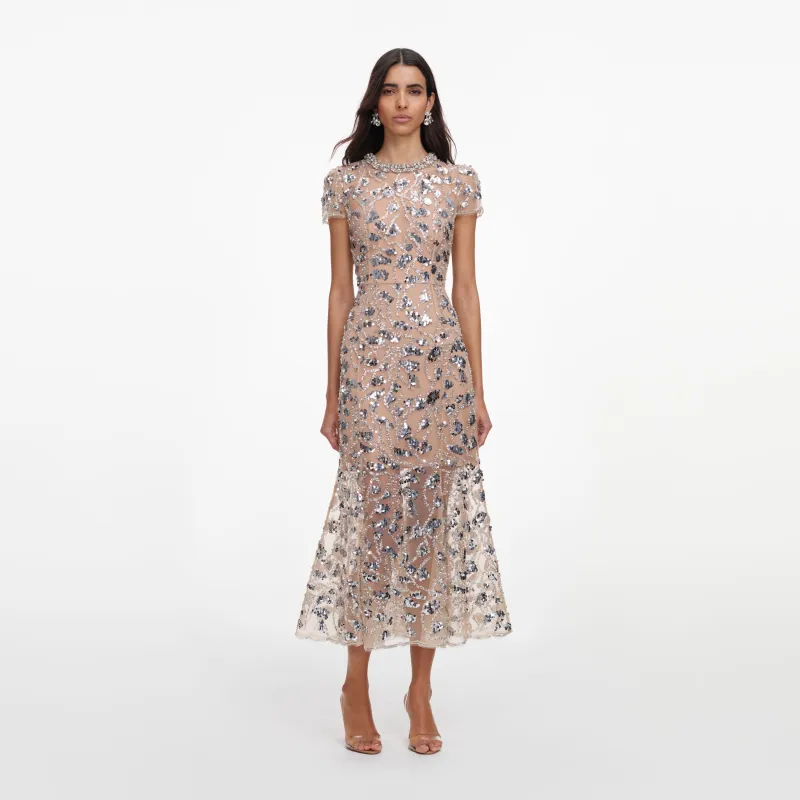 Silver Sequin Embellished Midi Dress made by Self-Portrait