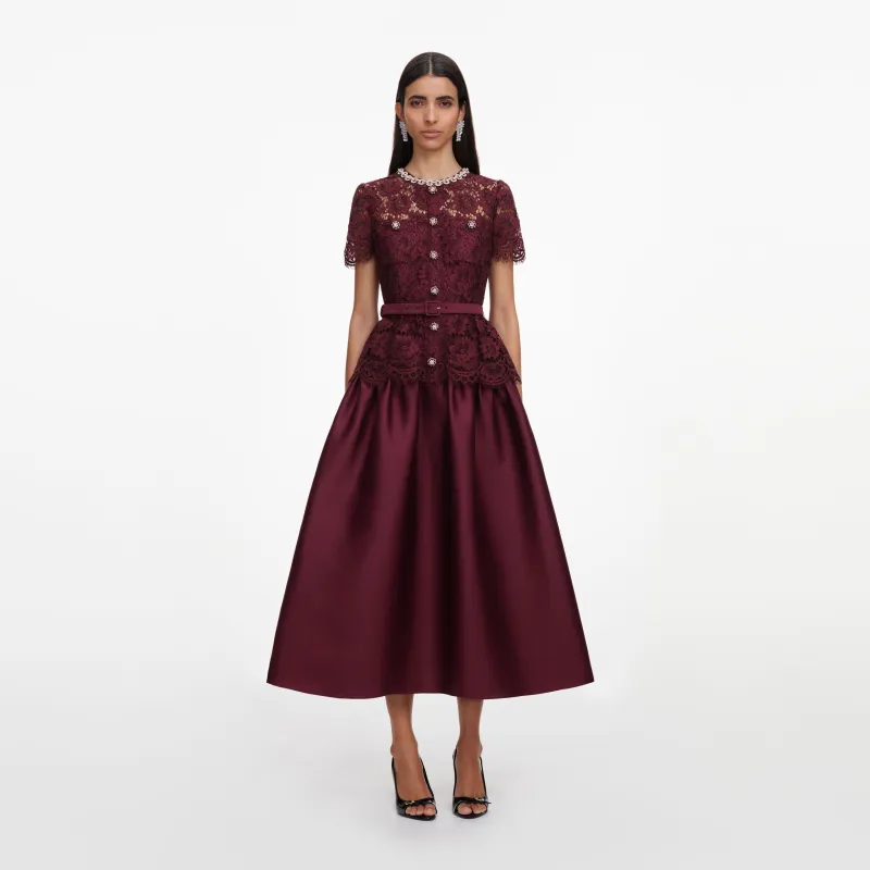 Burgundy Lace Taffeta Midi Dress made by Self-Portrait