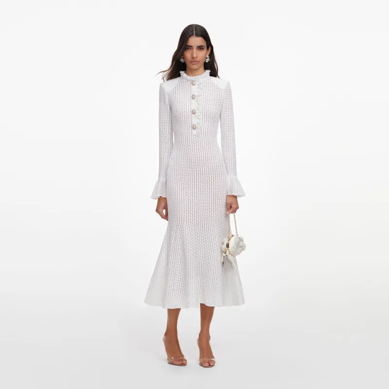 White Pointelle Knit Flare Midi Dress made by Self-Portrait