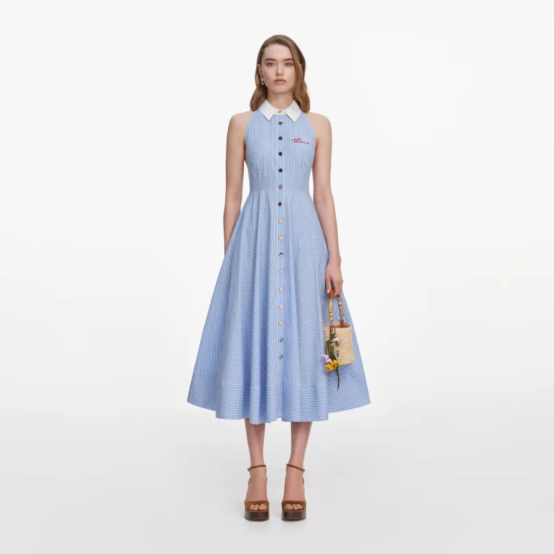 Blue Striped Cotton Midi Dress made by Self-Portrait