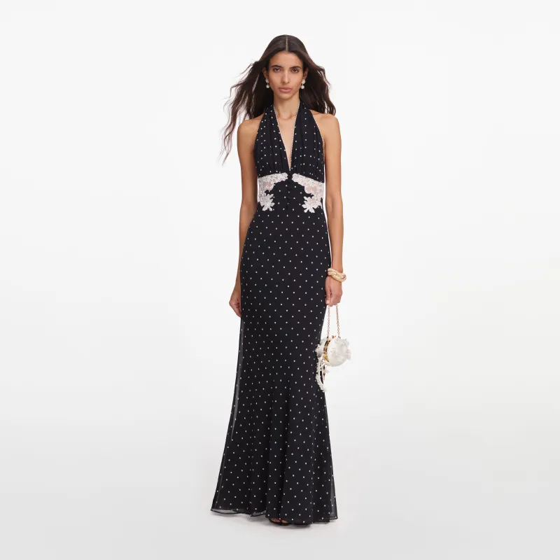 Black Polka Dot Halter Neck Maxi Dress made by Self-Portrait