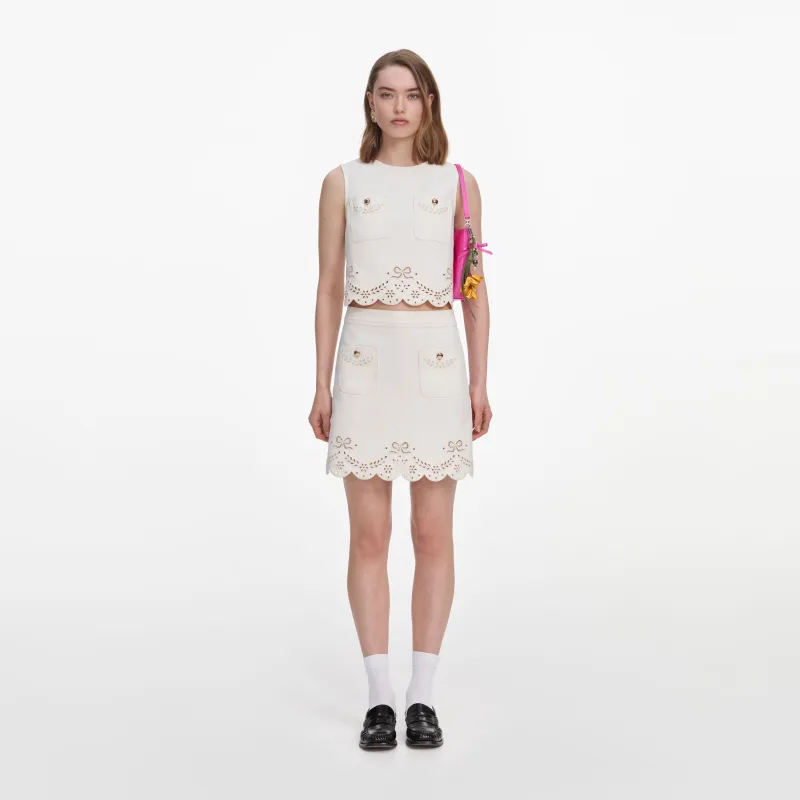 Cream Broderie Denim Mini Skirt made by Self-Portrait