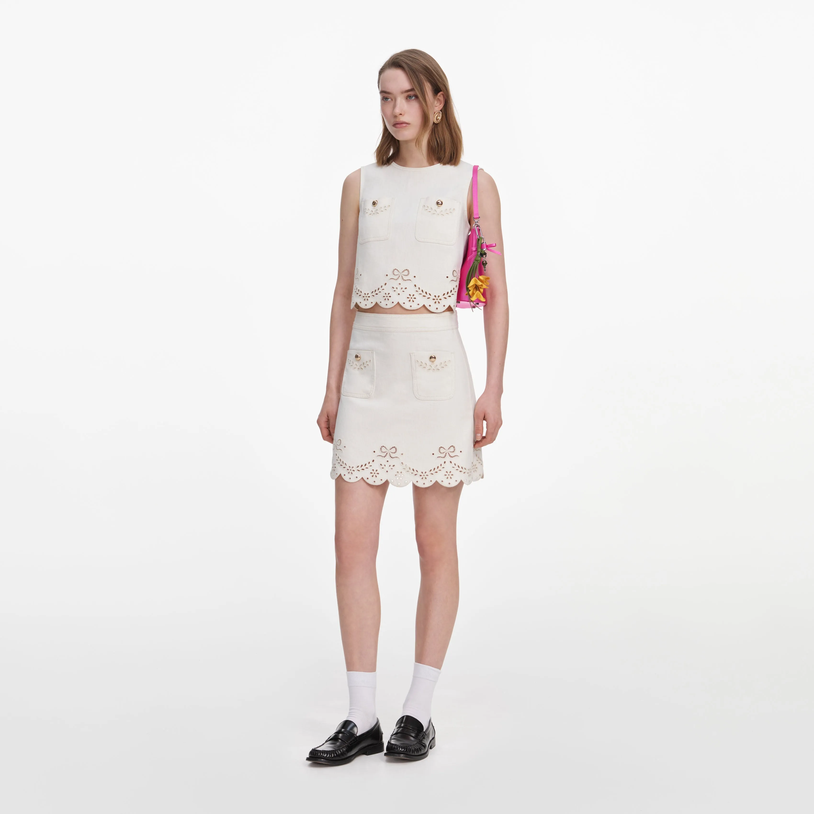 Cream Broderie Denim Mini Skirt sold by Self-Portrait product image thumbnail 2