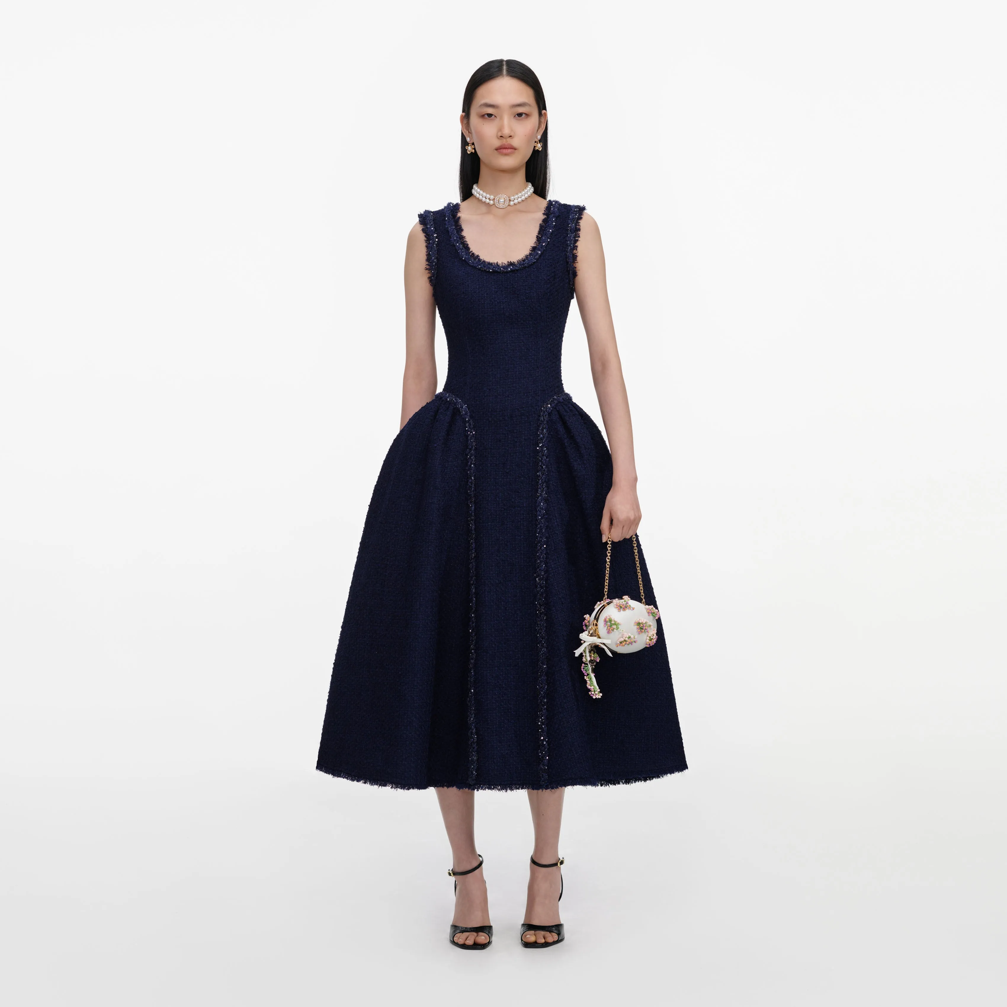 Navy Boucle Midi Dress sold by Self-Portrait