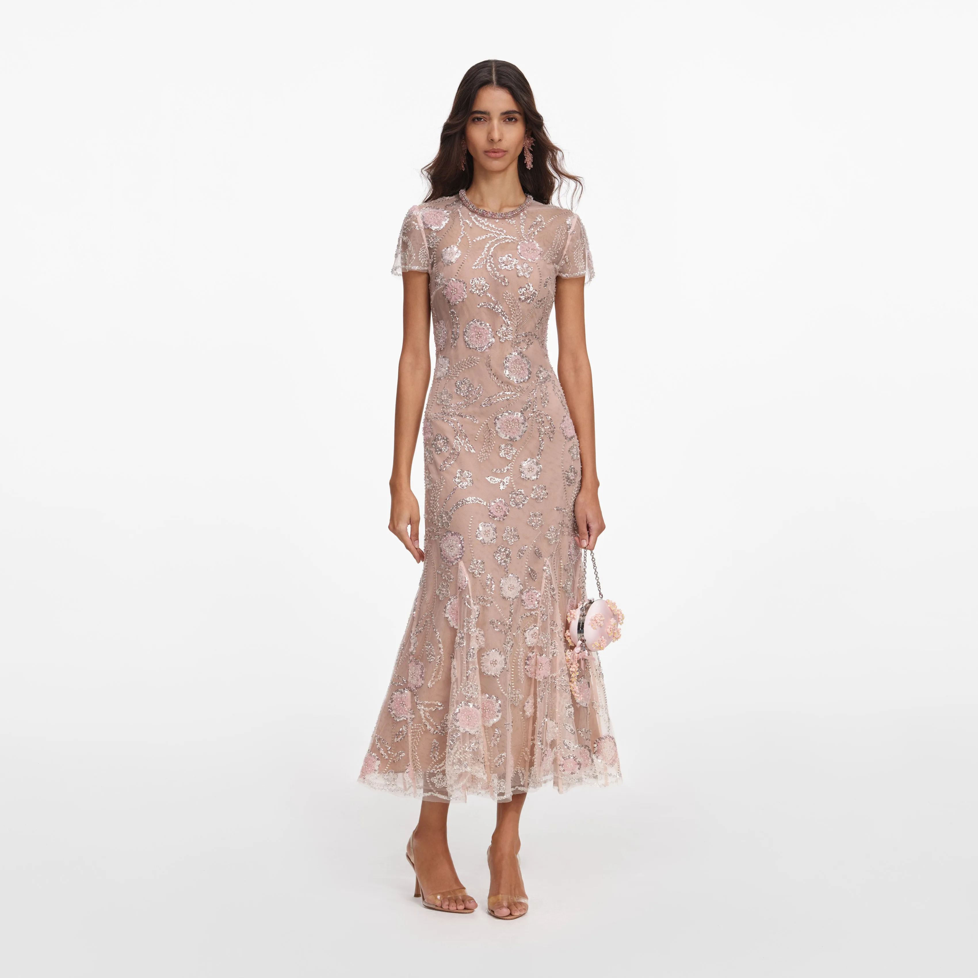 Pink Flower Sequin Embellished Midi Dress sold by Self-Portrait